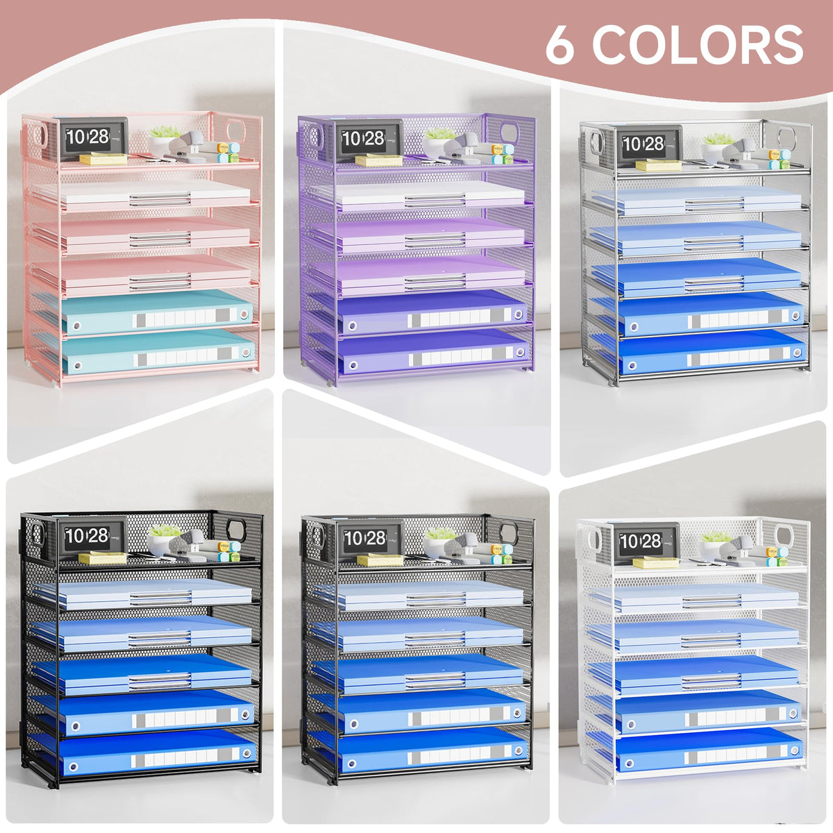 Kinkota Pink Paper Organizer for Desk with Handle, 6-Tier