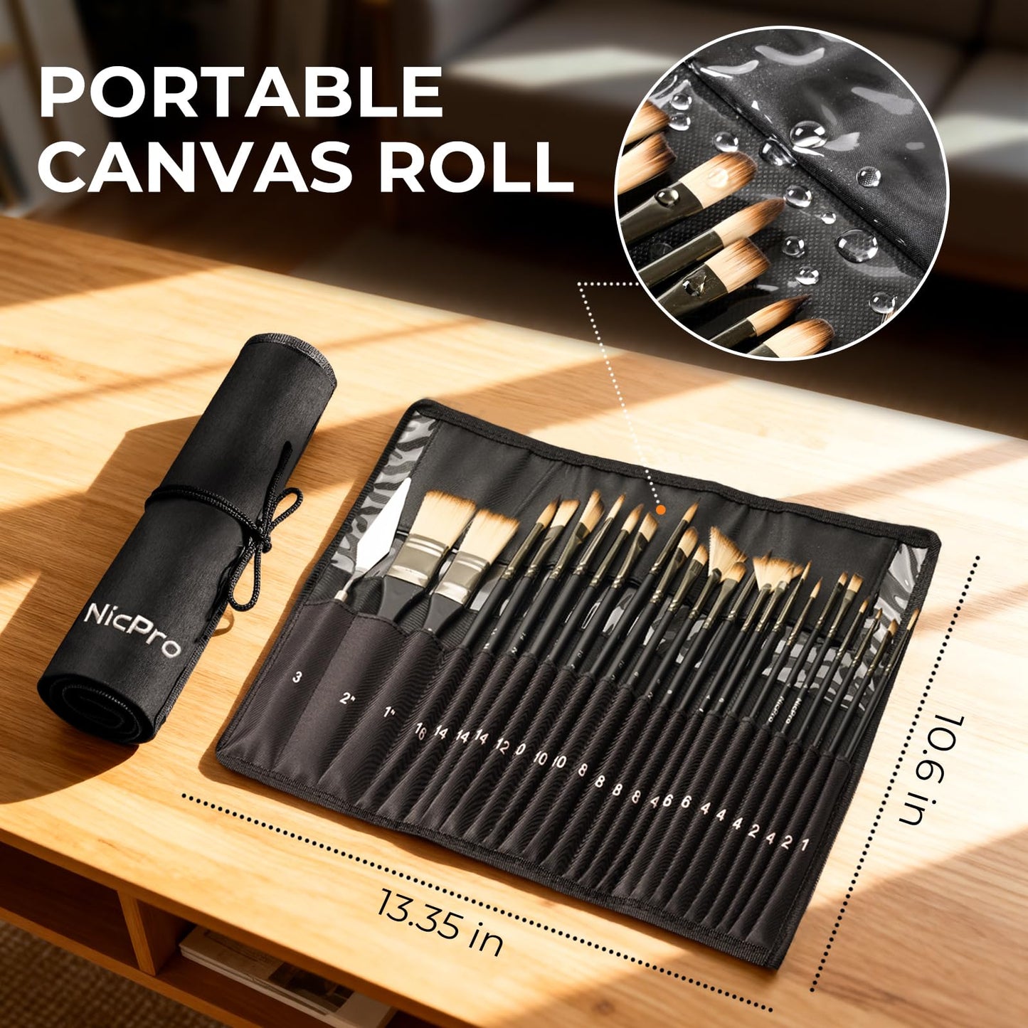 Nicpro 26pcs Professional Paint Brush Set with Palette Knife & Canvas Roll