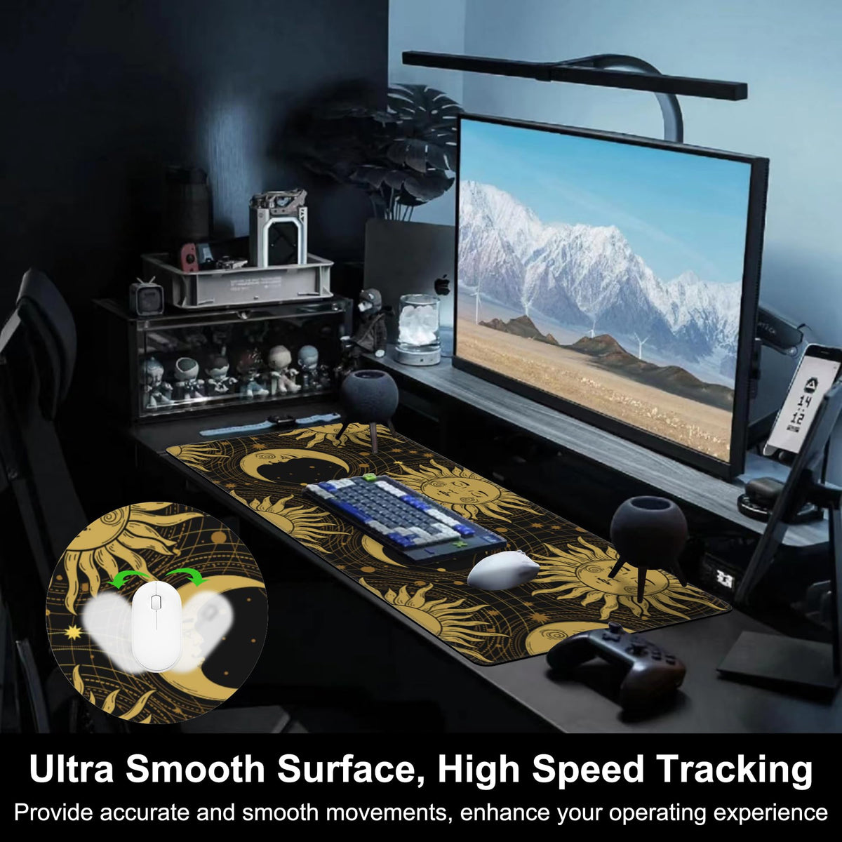 Mouse Pad, Large Golden Sun and Crescent Desk Mat, Extended Non-Slip Gaming Keyboard Mousepad Desk