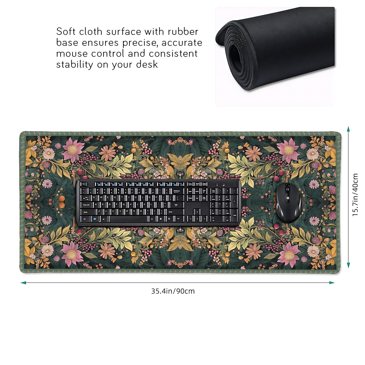 Floral Aesthetic Wildflower Gaming Mouse Pad, Forest Green Rug Desk Mat with Anti-Slip Base &