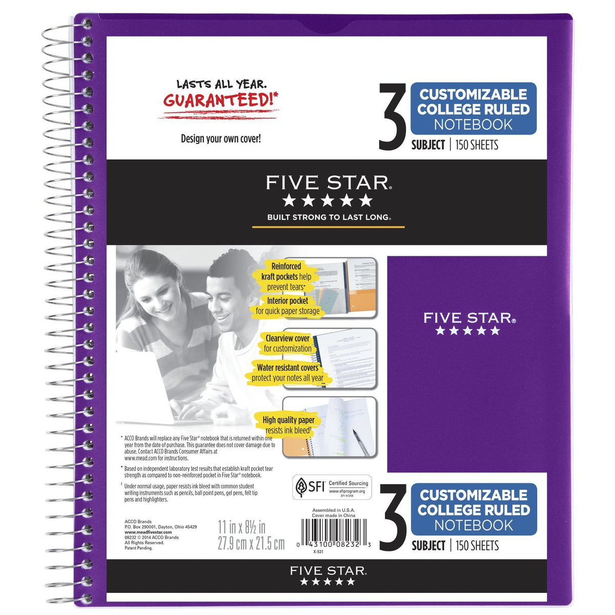 Five Star Spiral Notebook, 3 Subject, College Ruled Paper, 150 Sheets, 11" x 8-1/2", Customizable