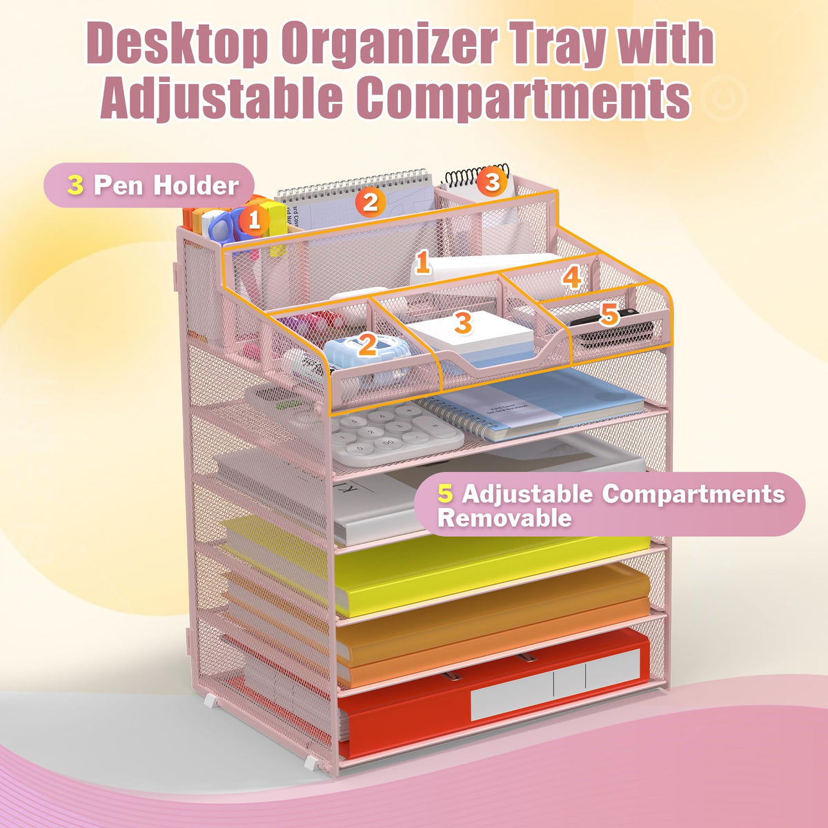Docnest 6 Tier Mesh Desk Organizer with Letter Tray & Paper Sorter, Pink