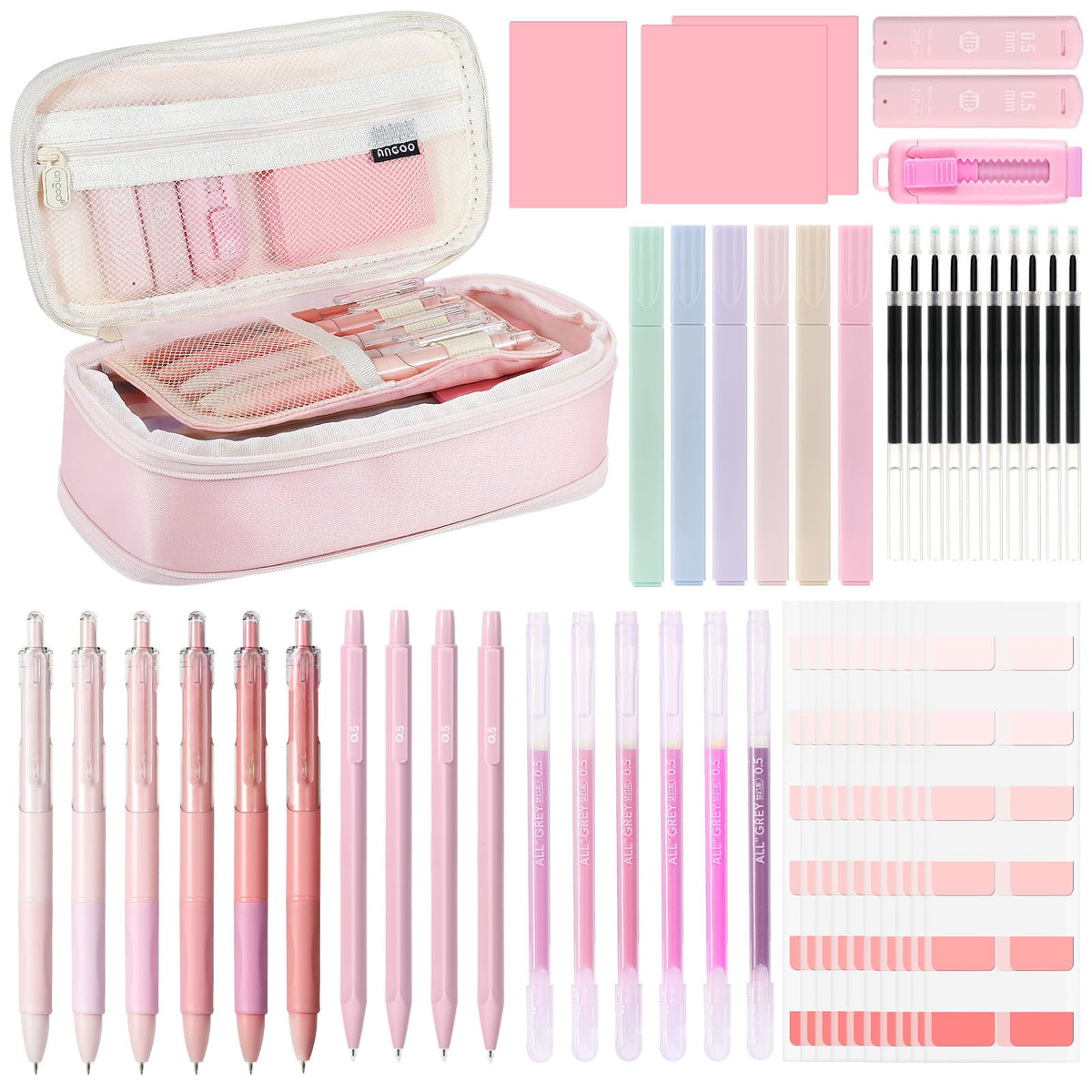 MoKo Pencil Case with Supplies, 49Pcs Aesthetic School Set, Pink
