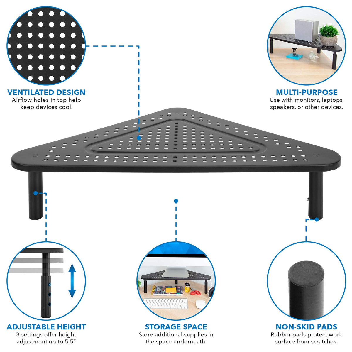 Corner Monitor Stand | Adjustable Height Corner Desk Shelf | Triangle Screen Riser, Ergonomic Space