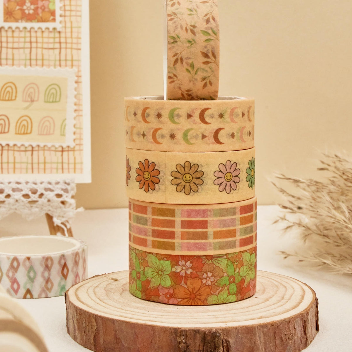 YUBX Boho Washi Tape Set 10 Rolls Cute Masking Graphic Floral Pattern Decorative Tapes for Arts