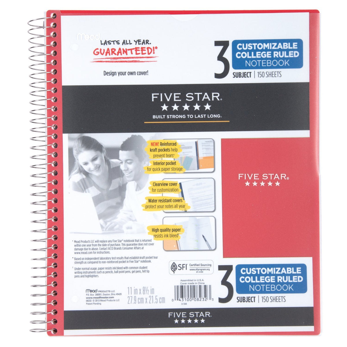 Five Star Spiral Notebook, 3 Subject, College Ruled Paper, 150 Sheets, 11" x 8-1/2", Customizable