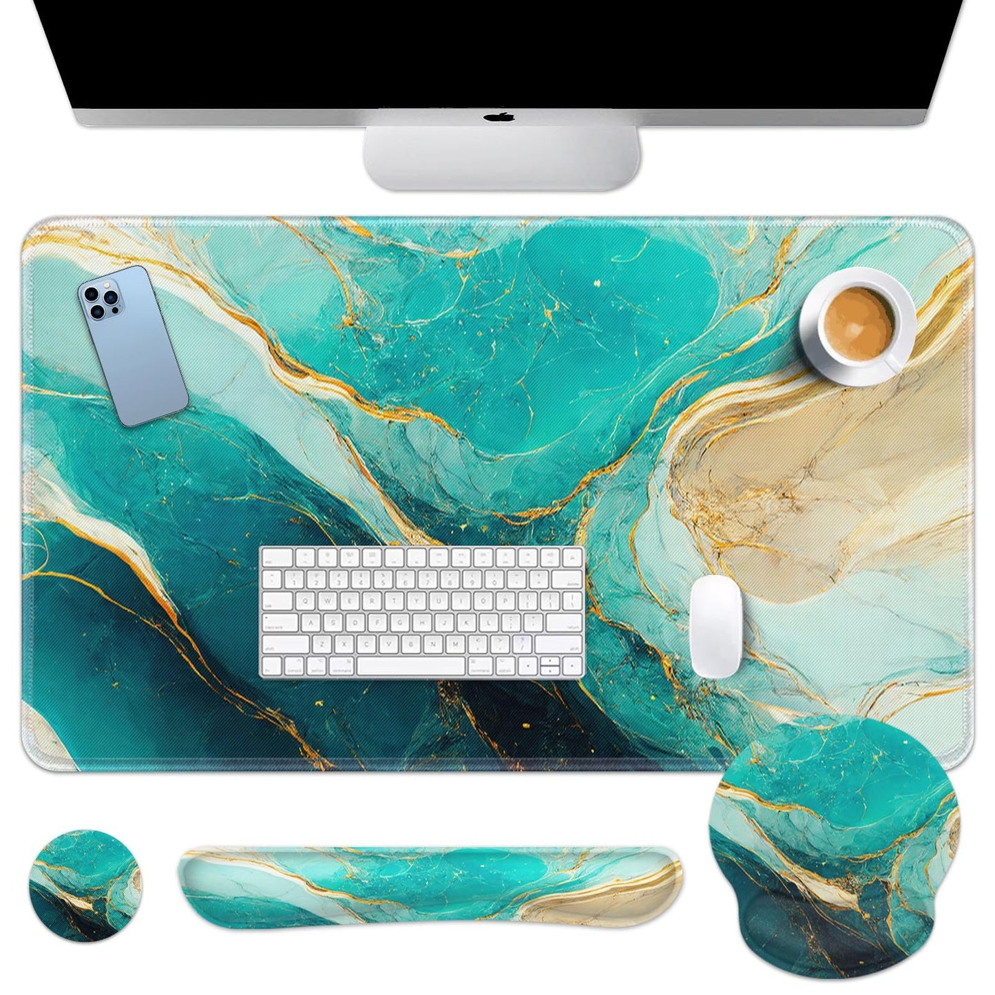 Britimes Keyboard Mouse Pad Set, 4 in 1 Desk Mat Set, Marble Green