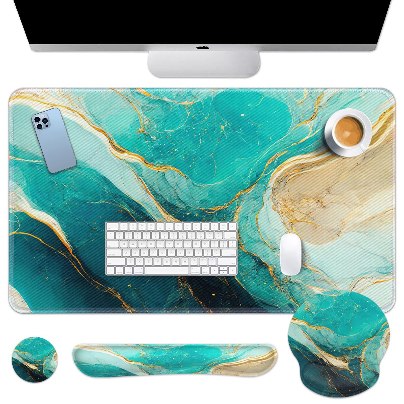 Britimes Keyboard Mouse Pad Set, 4 in 1 Desk Mat Set, Marble Green