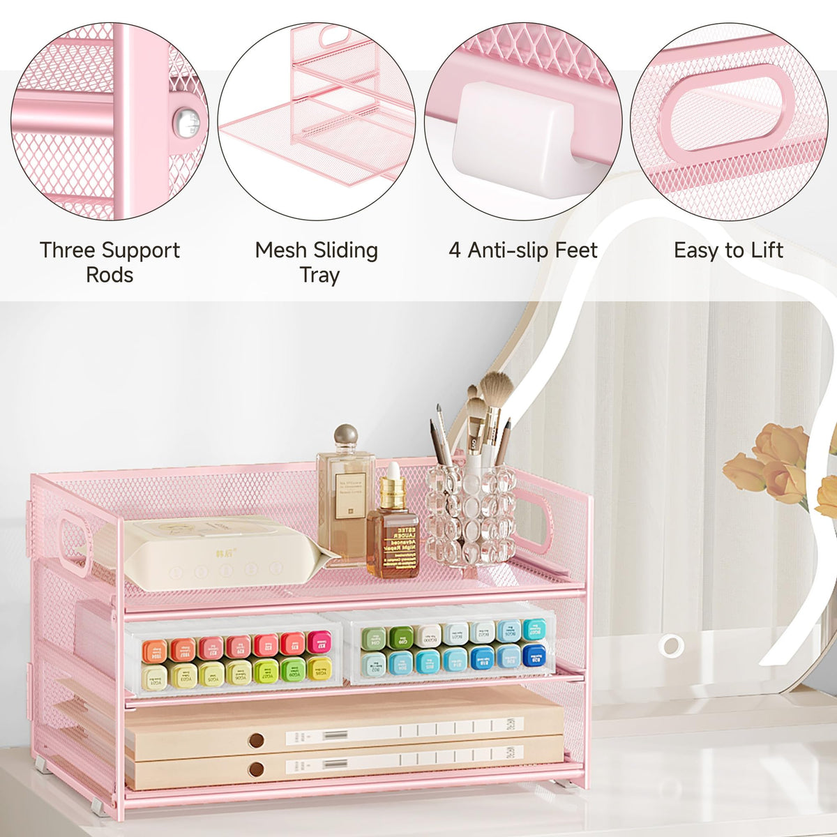 Subekyu 3 Tier Paper Letter Tray Organizer for Desk, Pink Metal Mesh File Folder Sorter Organizer