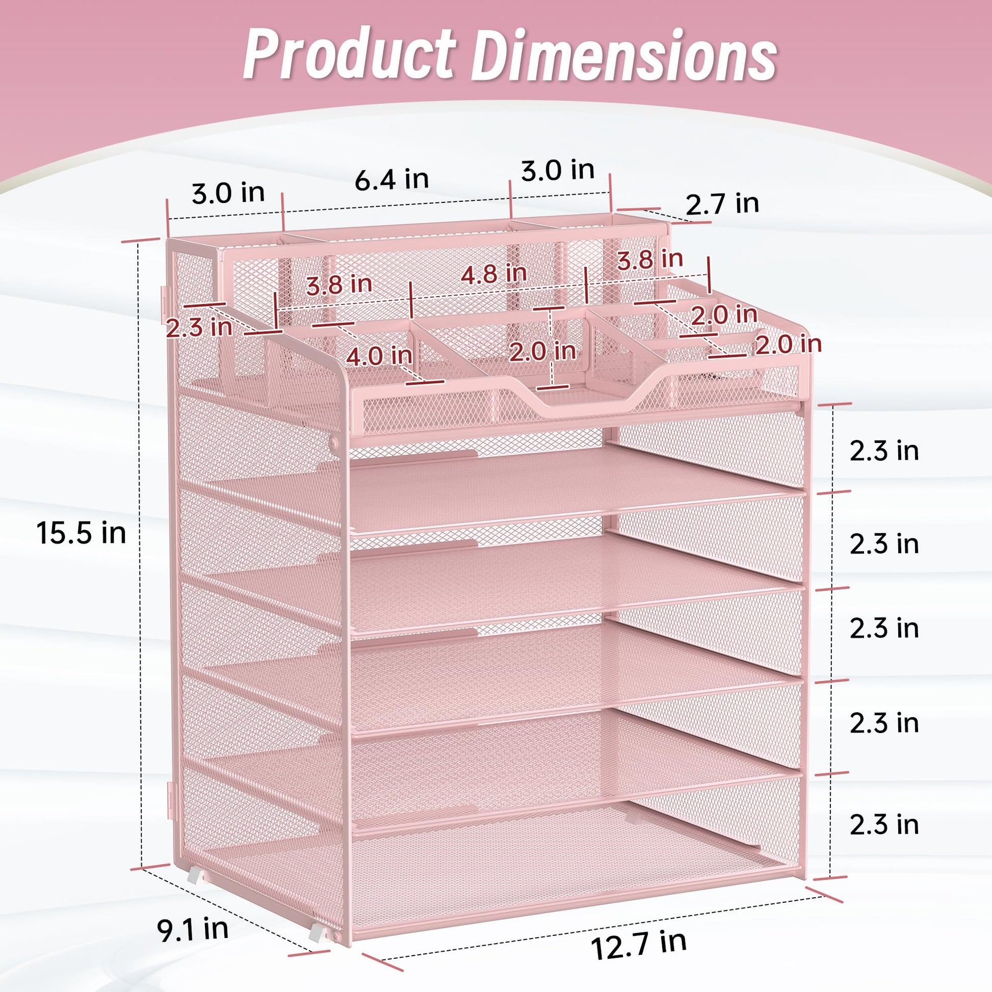 OrgMate 6 Tier Mesh Paper Desk Organizer with Pen Holders, Pink