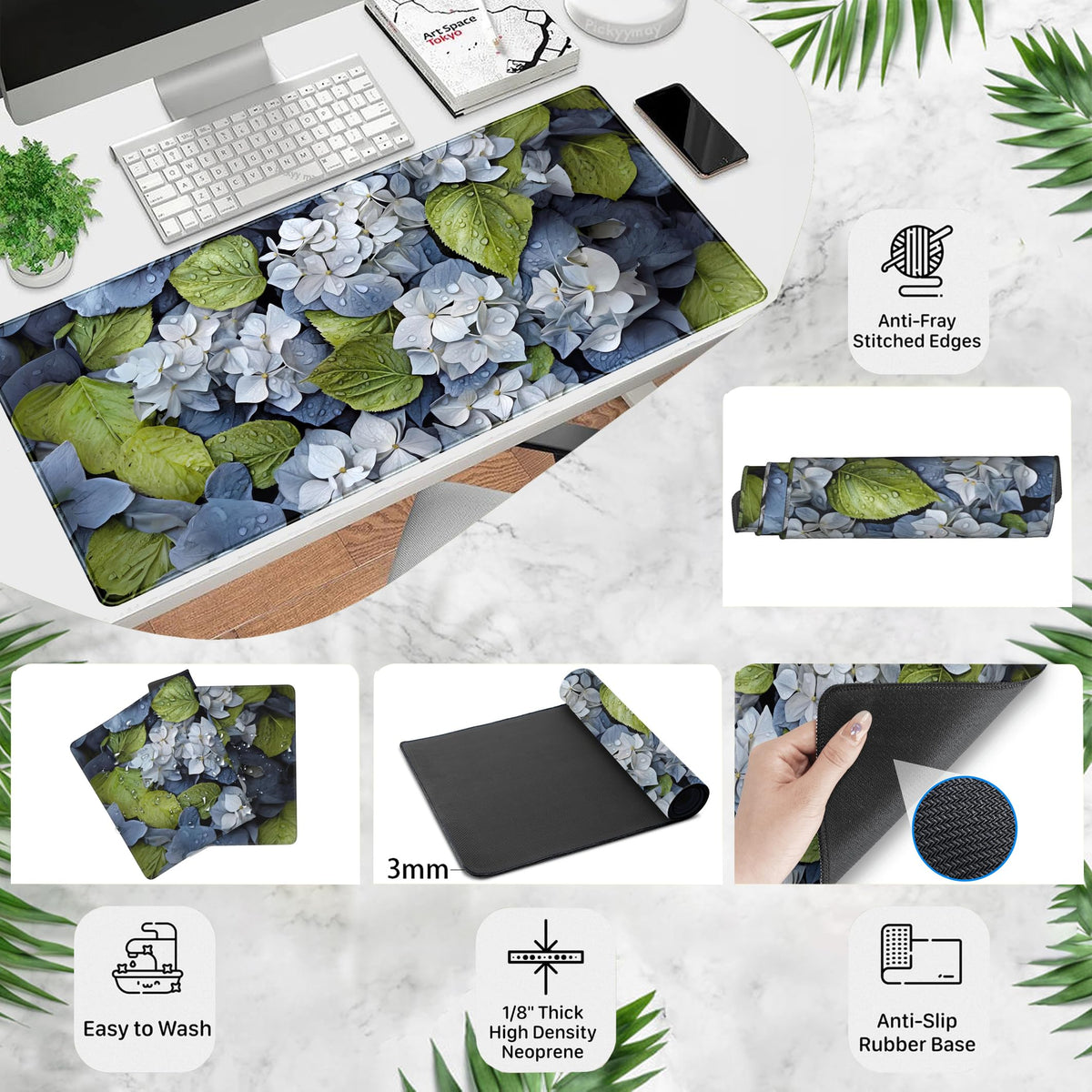 Large Desk Mat Hydrangea Floral Extended Gaming Mouse Pad, Keyboard Mouse Mat for Office & Home