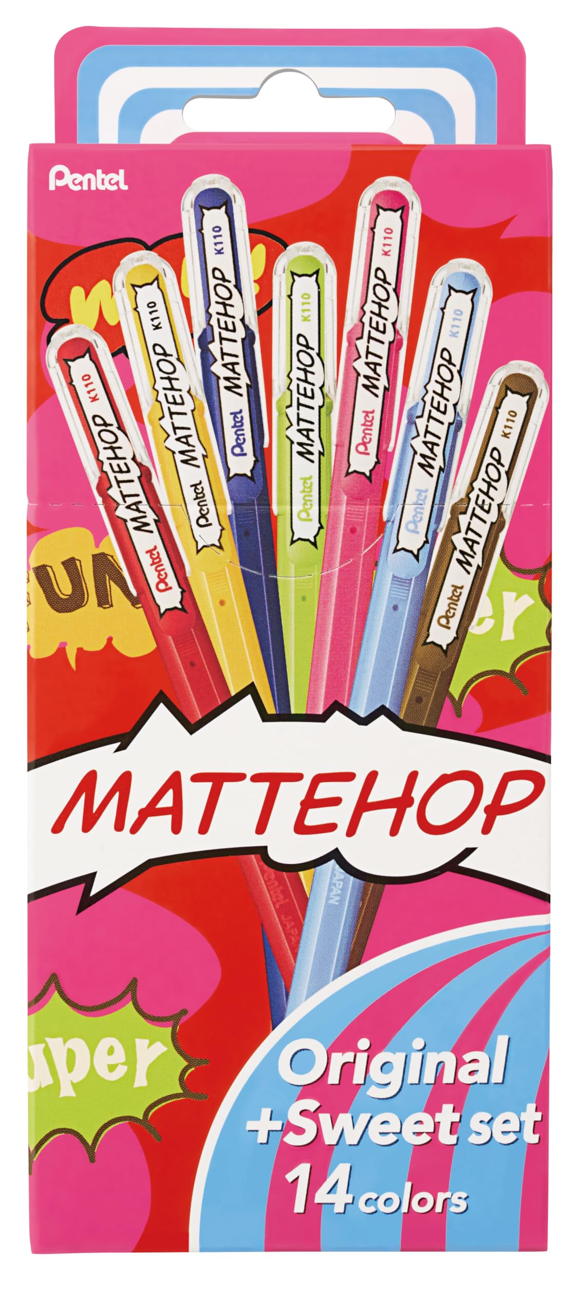 Pentel Mattehop Gel Pens, Original + Cheerful Colors Box Set, (1.0mm), Bold Line, 14 Assorted
