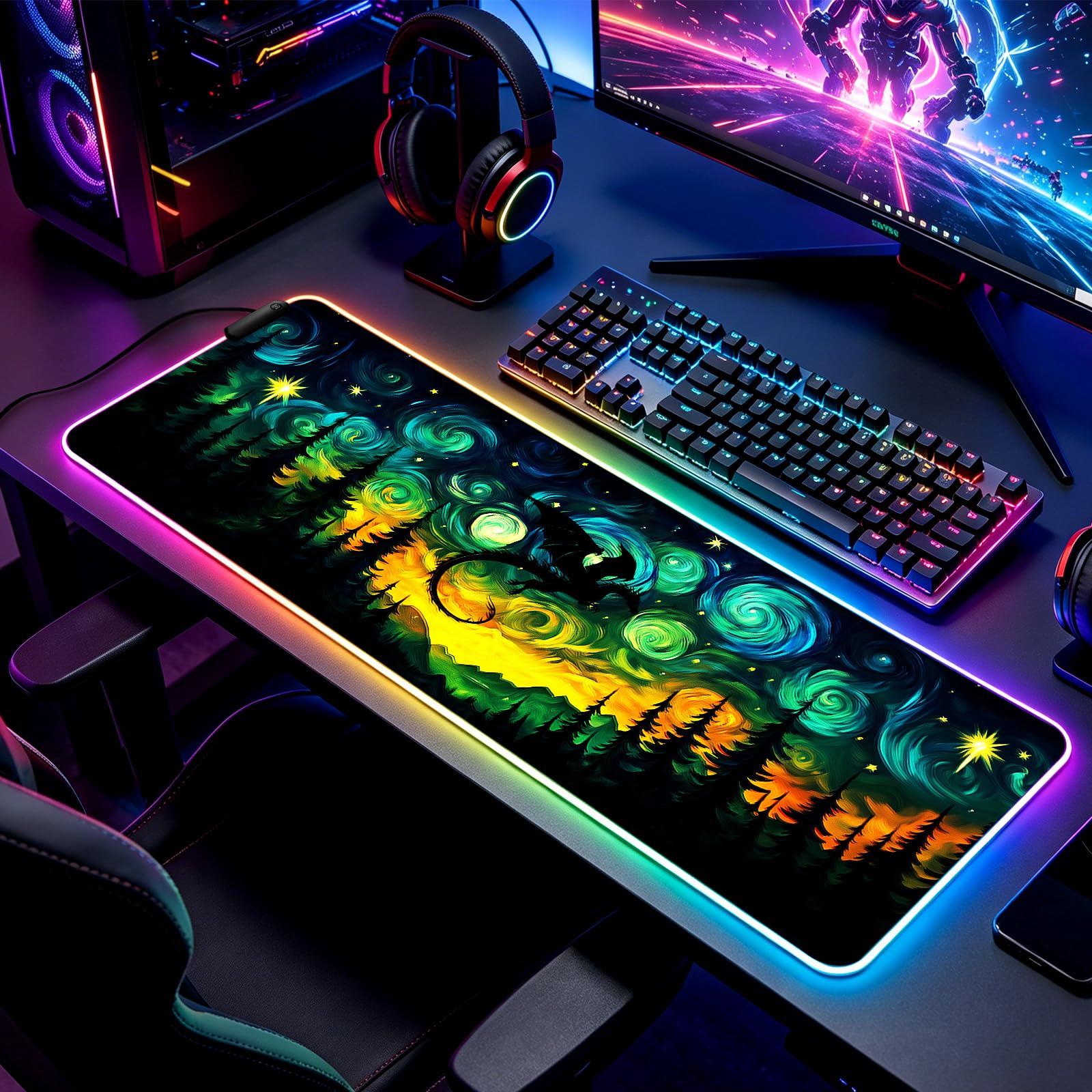 JIANG100 RGB Starry Night Forest Dragon Gaming Desk Mat & Mouse Pad, XL