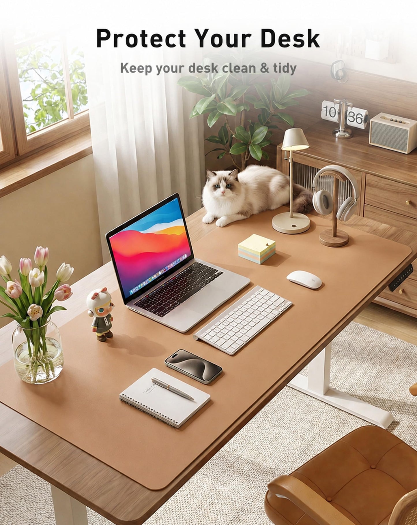 Aothia Faux Leather Desk Mat, Waterproof Desk Pad (Khaki, 48" x 17")