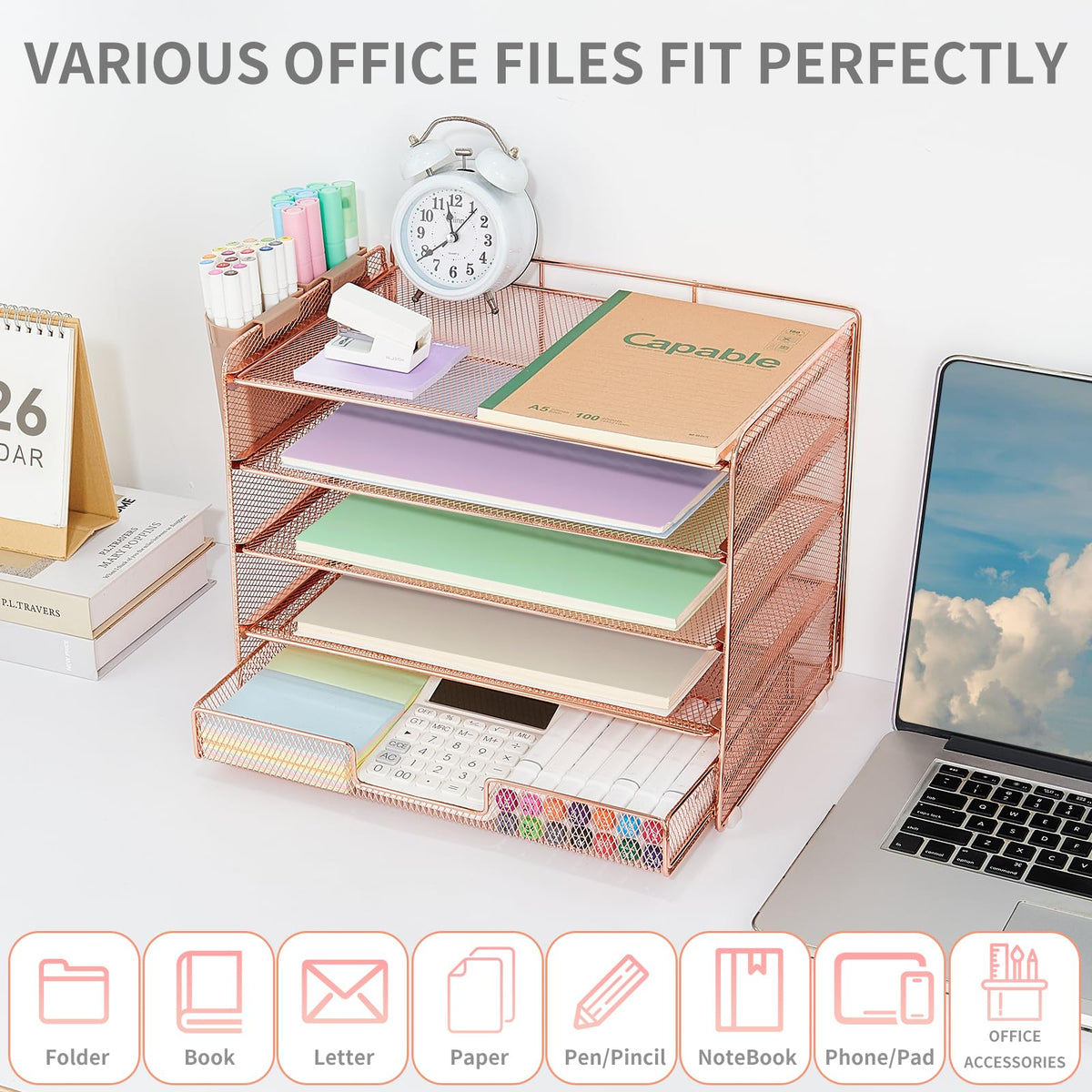 LEKETREE Desk Organizer and Accessories, 5-Tier Paper Letter Tray Organizer with Drawer & 2 Pen