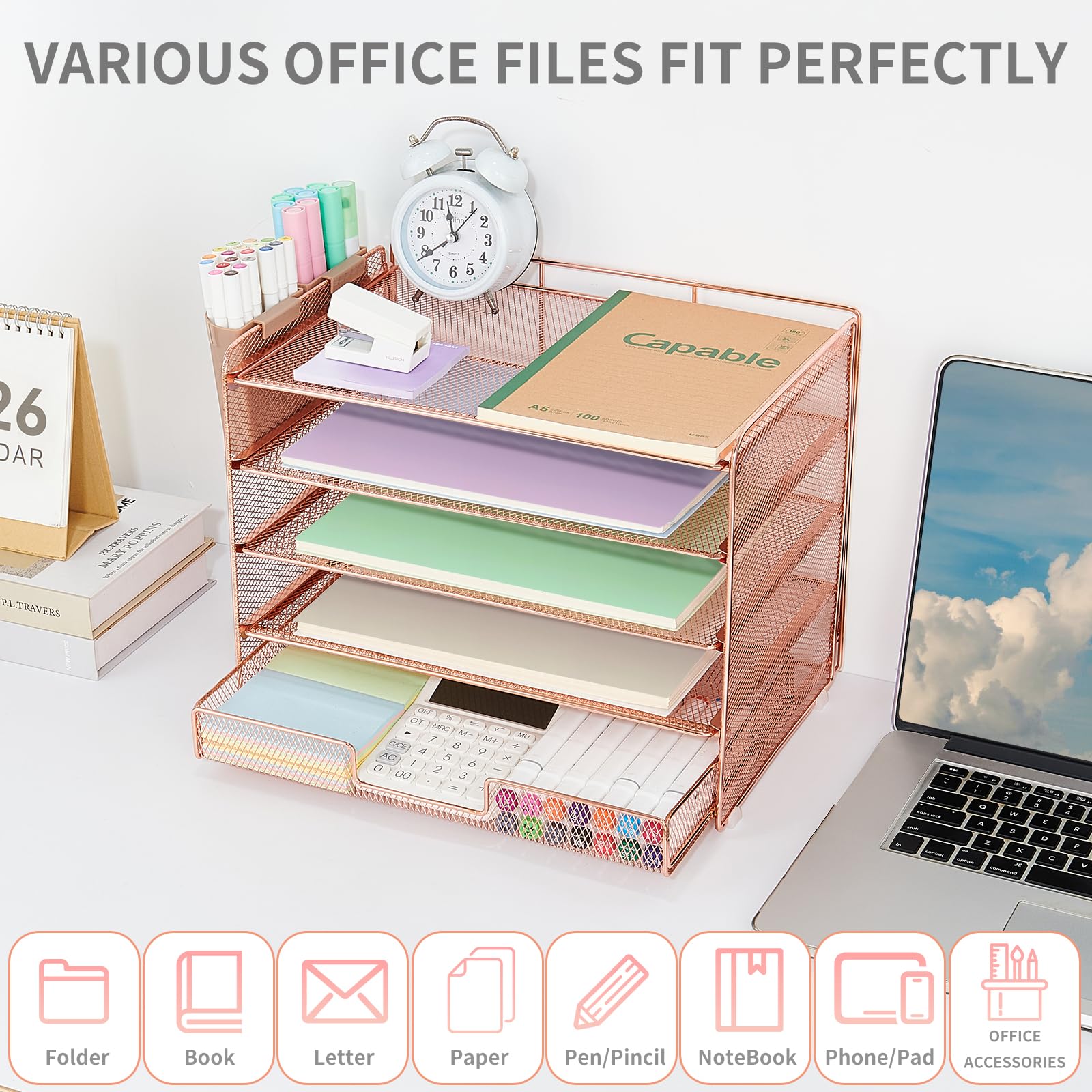 LEKETREE Desk Organizer and Accessories, 5-Tier Paper Letter Tray Organizer with Drawer & 2 Pen
