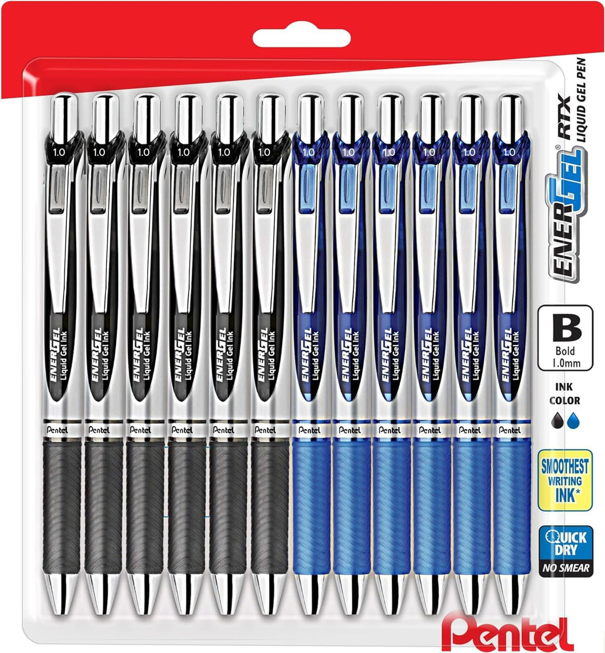 Pentel Energel RTX Retractable Liquid Gel Pen, 1.0mm, Metal Tip, Pack of 12