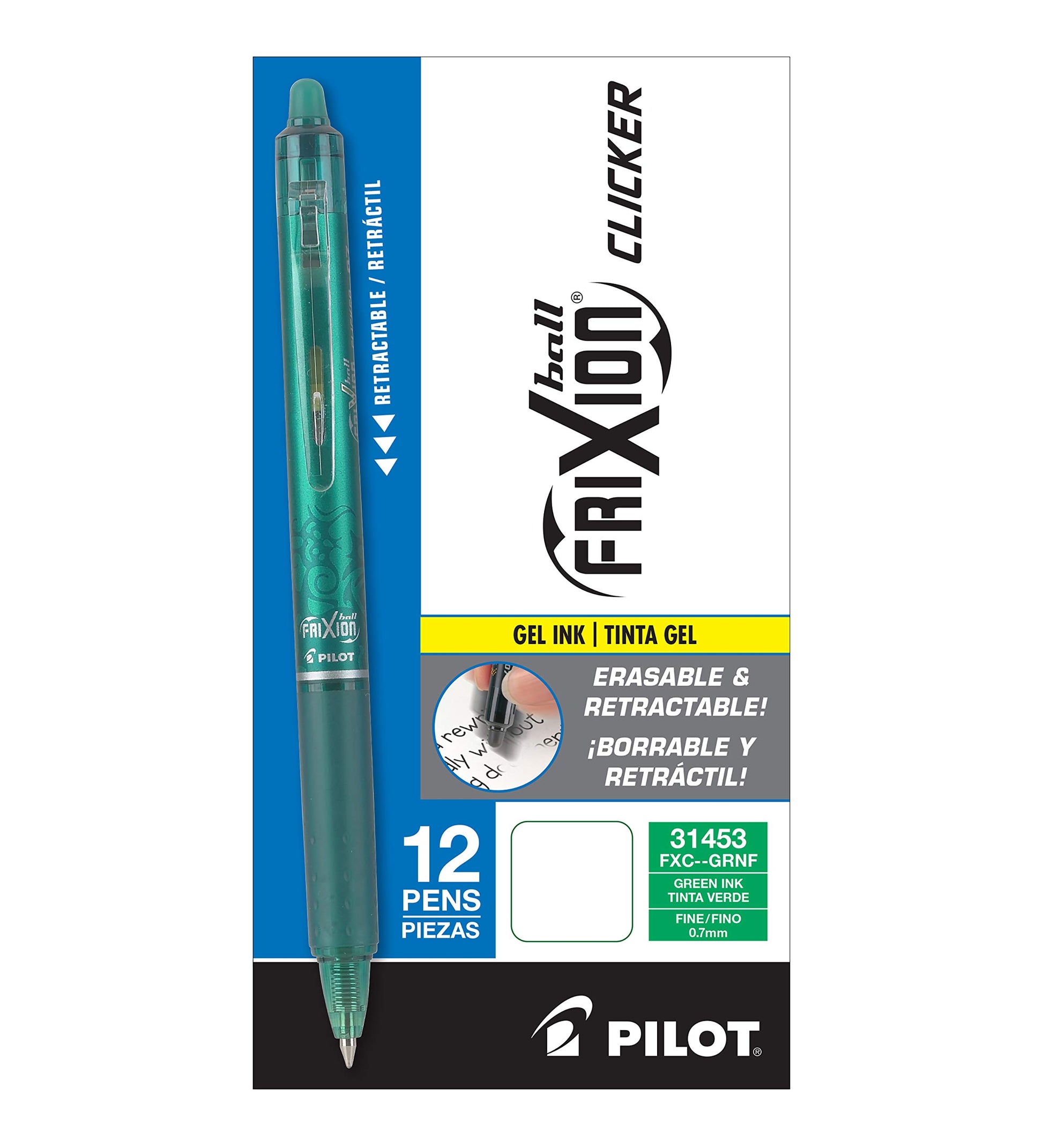PILOT FriXion Clicker Erasable Gel Ink Pens, Fine Point 0.7mm, Green, 12Pk