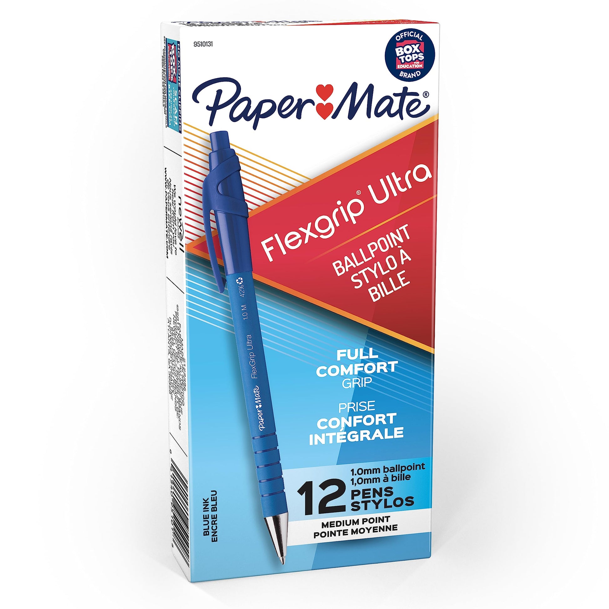 Paper Mate FlexGrip Ultra Retractable Ballpoint Pens, Recycled, Medium Point (1.0mm), Blue Ink, 12