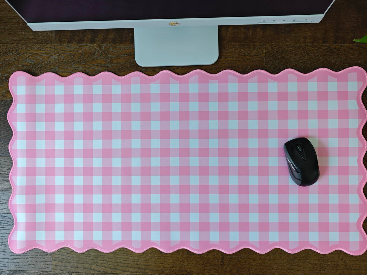 Scalloped‌ Pink Checkered Gingham Desk Mat Cute Pastel Large Mouse Pad Kawaii Cottagecore ‌Vintage‌