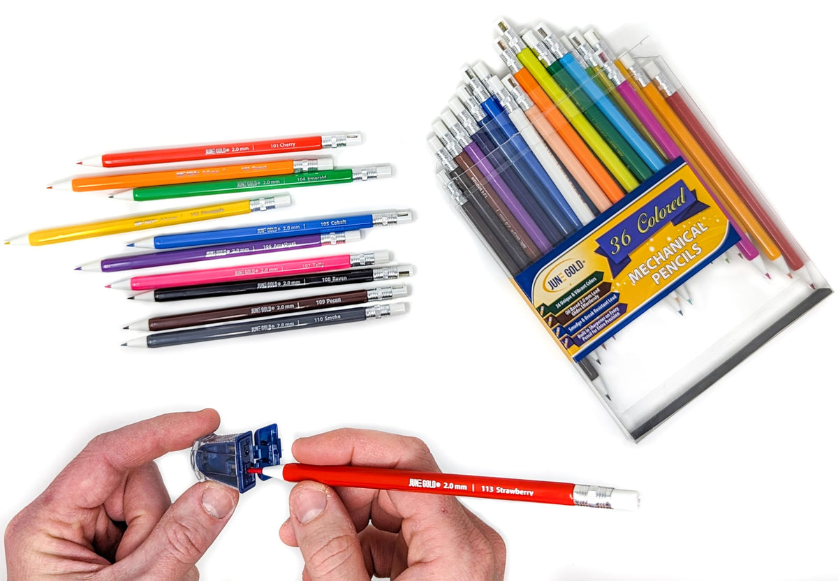 June Gold 36 Colored 2.0 mm Mechanical Pencils/w 36 Refills & 2 Sharpeners