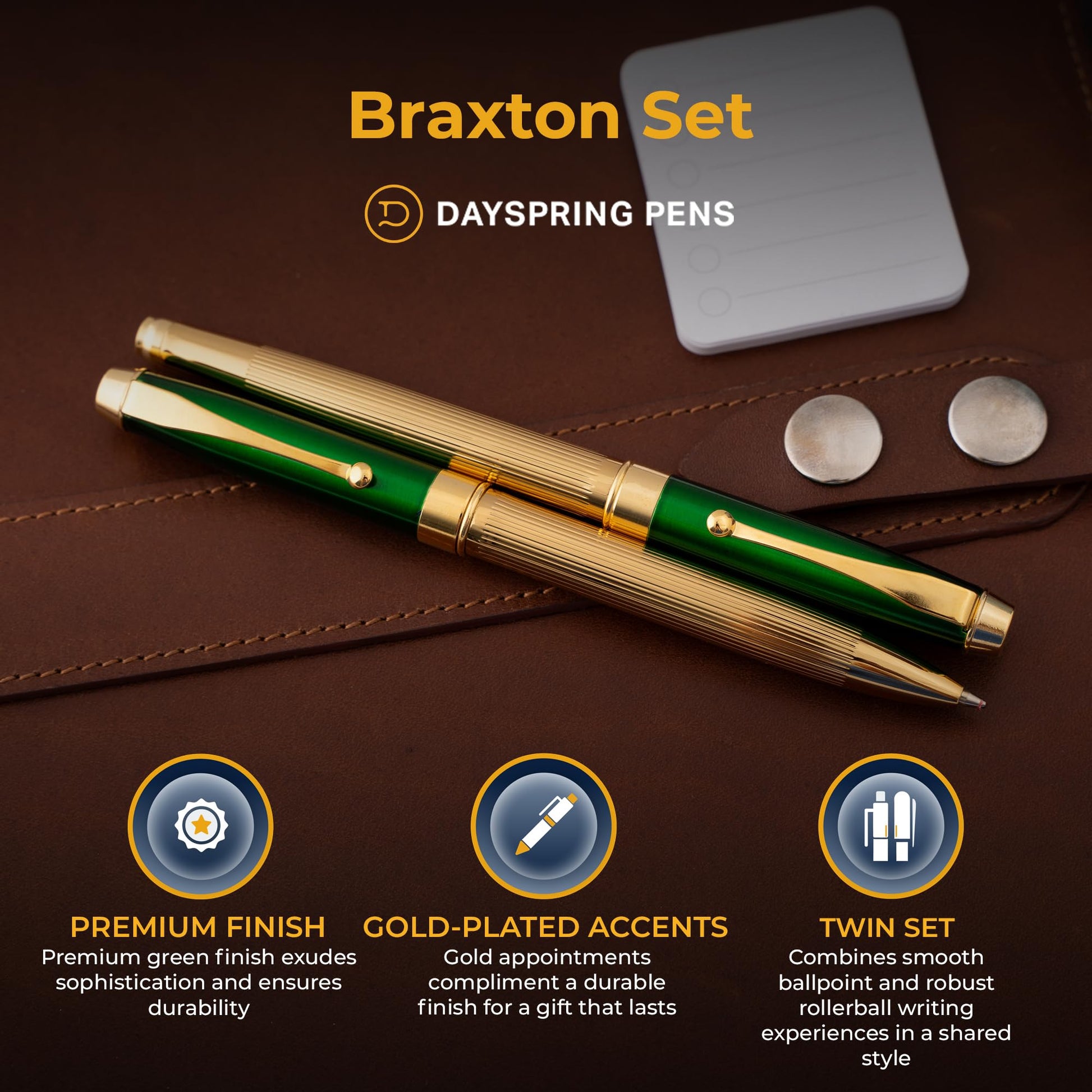 Braxton Personalized Ballpoint and Rollerball Set, Green Lacquer, 18K Gold