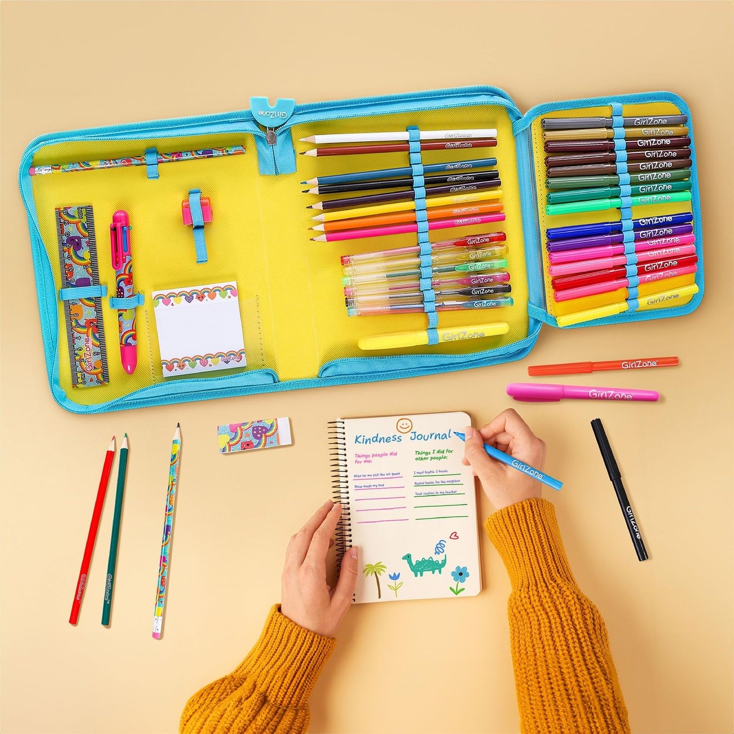 GirlZone 43-Piece Rainbow Filled Pencil Case with Supplies - Ages 7+ - Art Kit, Marker Binder &