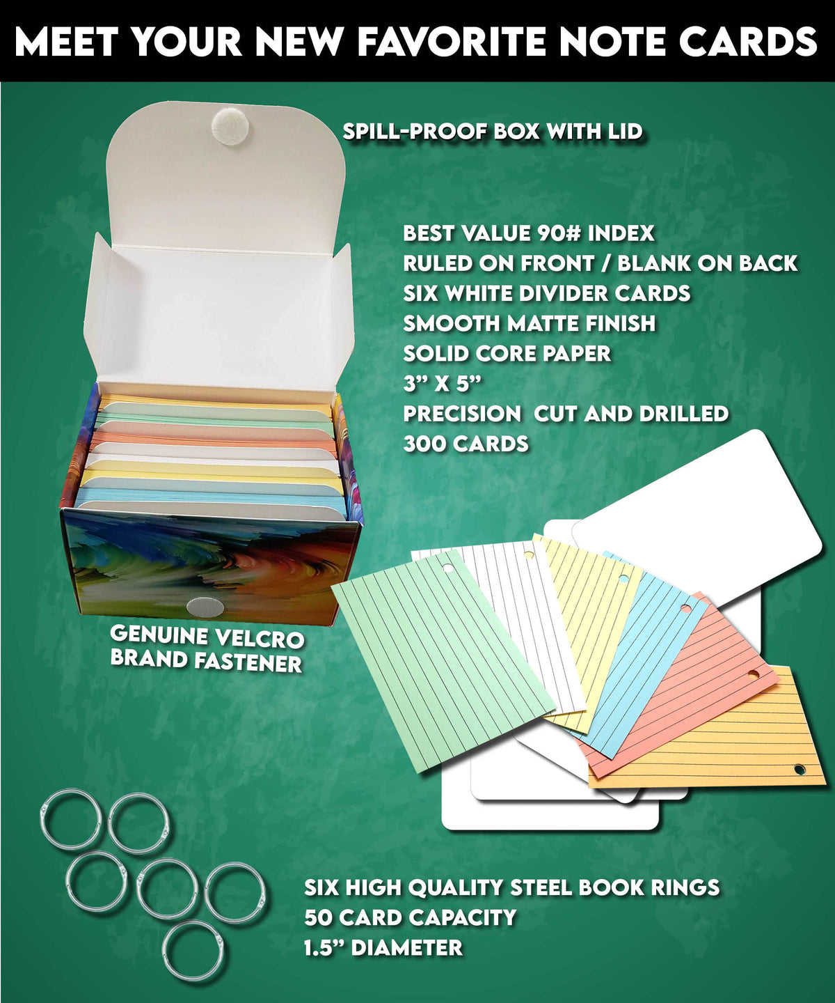 Made in USA – Debra Dale Designs Ruled Note Cards with Rings – 300-Pack 3"x5" – 6 Pastel Colors