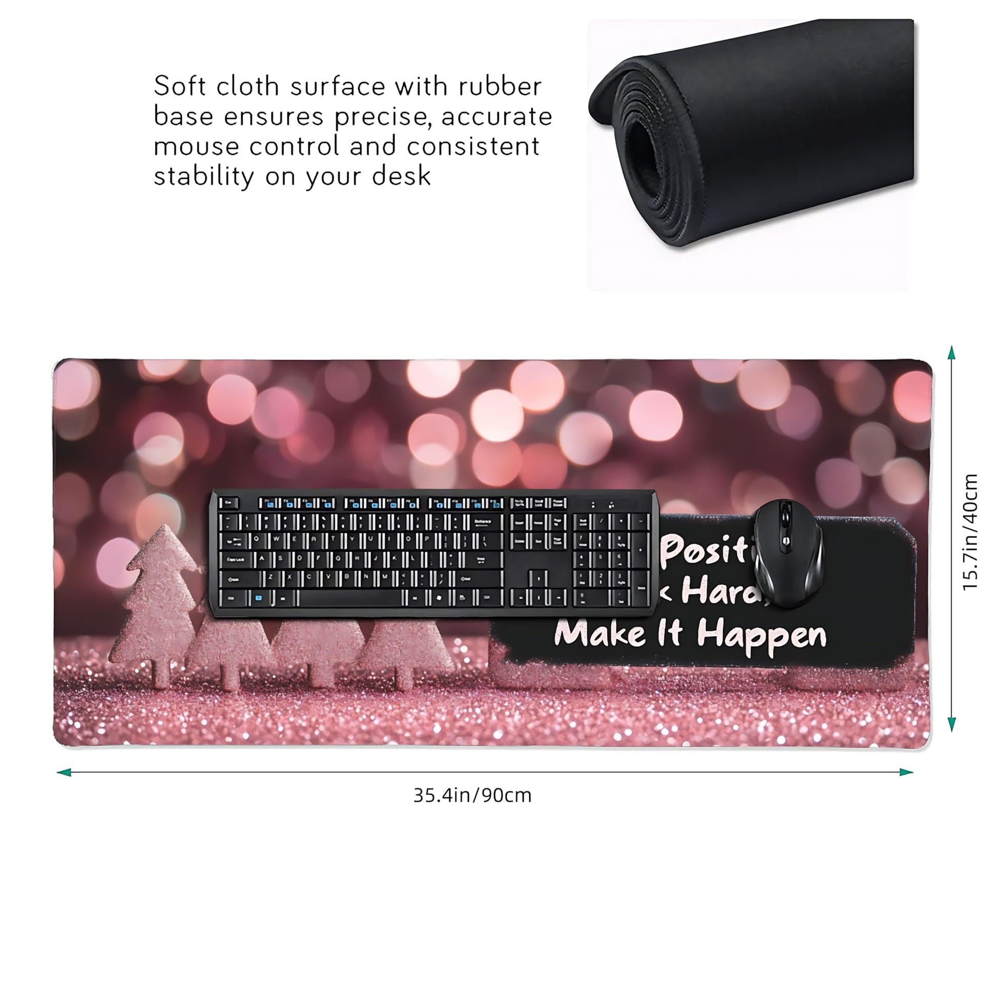 Cute Aesthetic Stay Positive Gaming Mouse Pad, Gold Pink Modern Desk Mat with Anti-Slip Base &