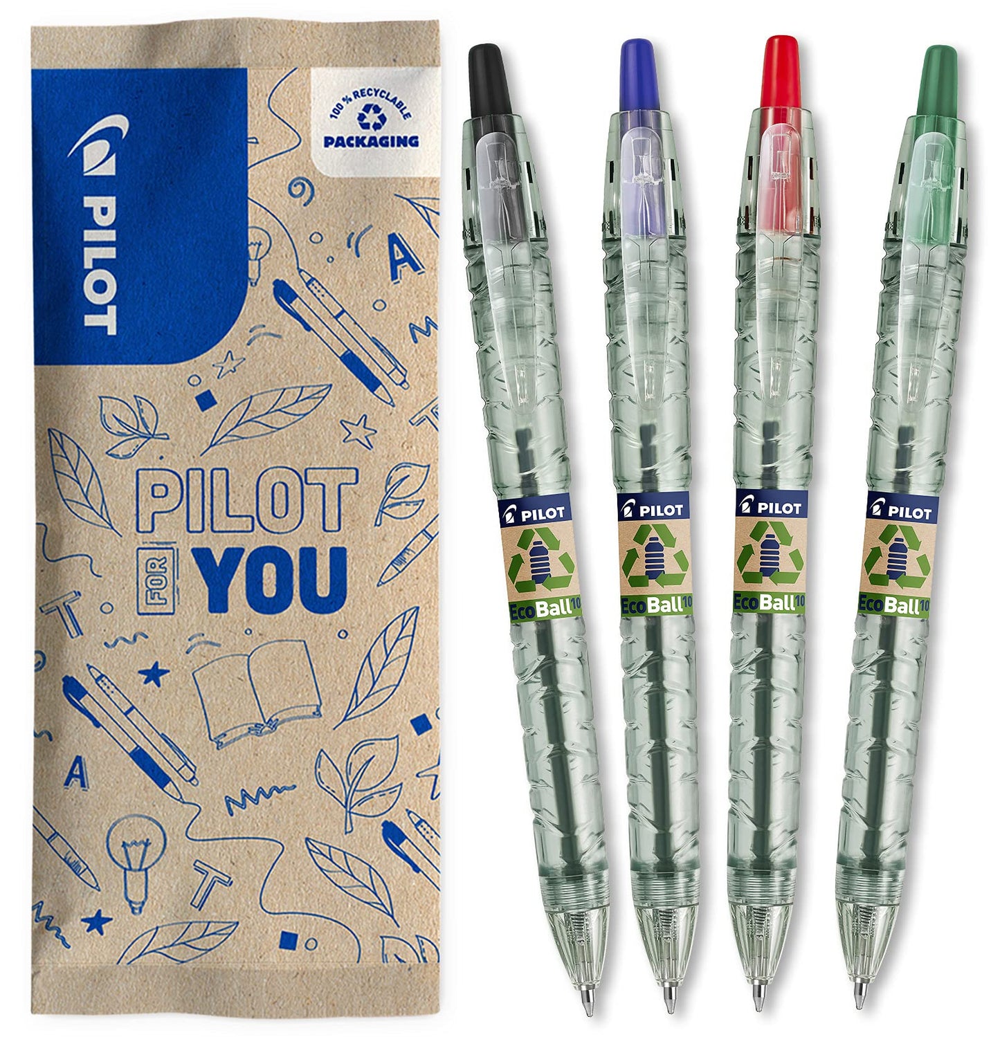 PILOT - 4 Pack B2P Ecoball 1.0 - Retractable Refillable Ballpoint Pen Made from Recycled Plastic