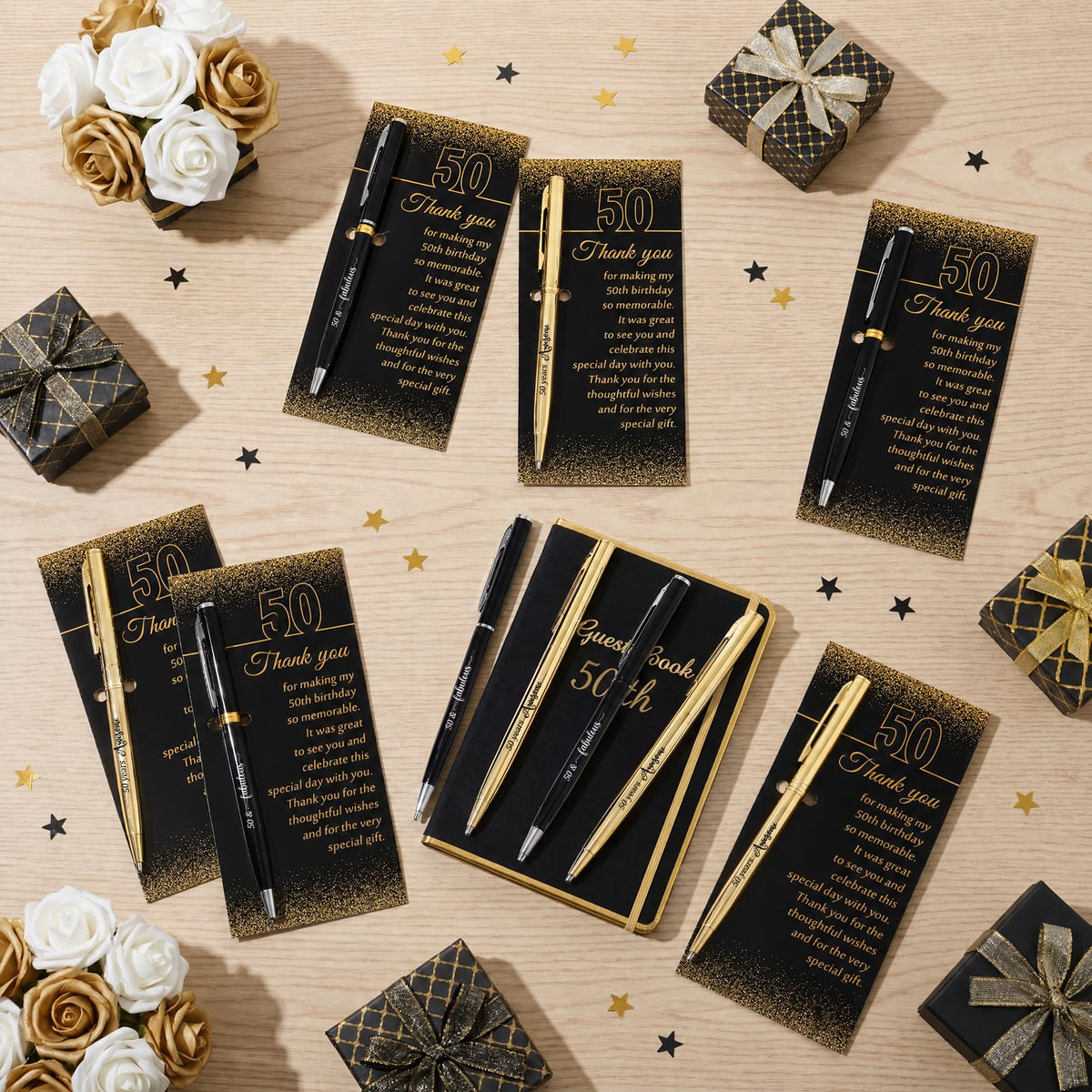Feifeiya 50 Sets 50th Birthday Party Favors with Black Gold Pens Thank Card