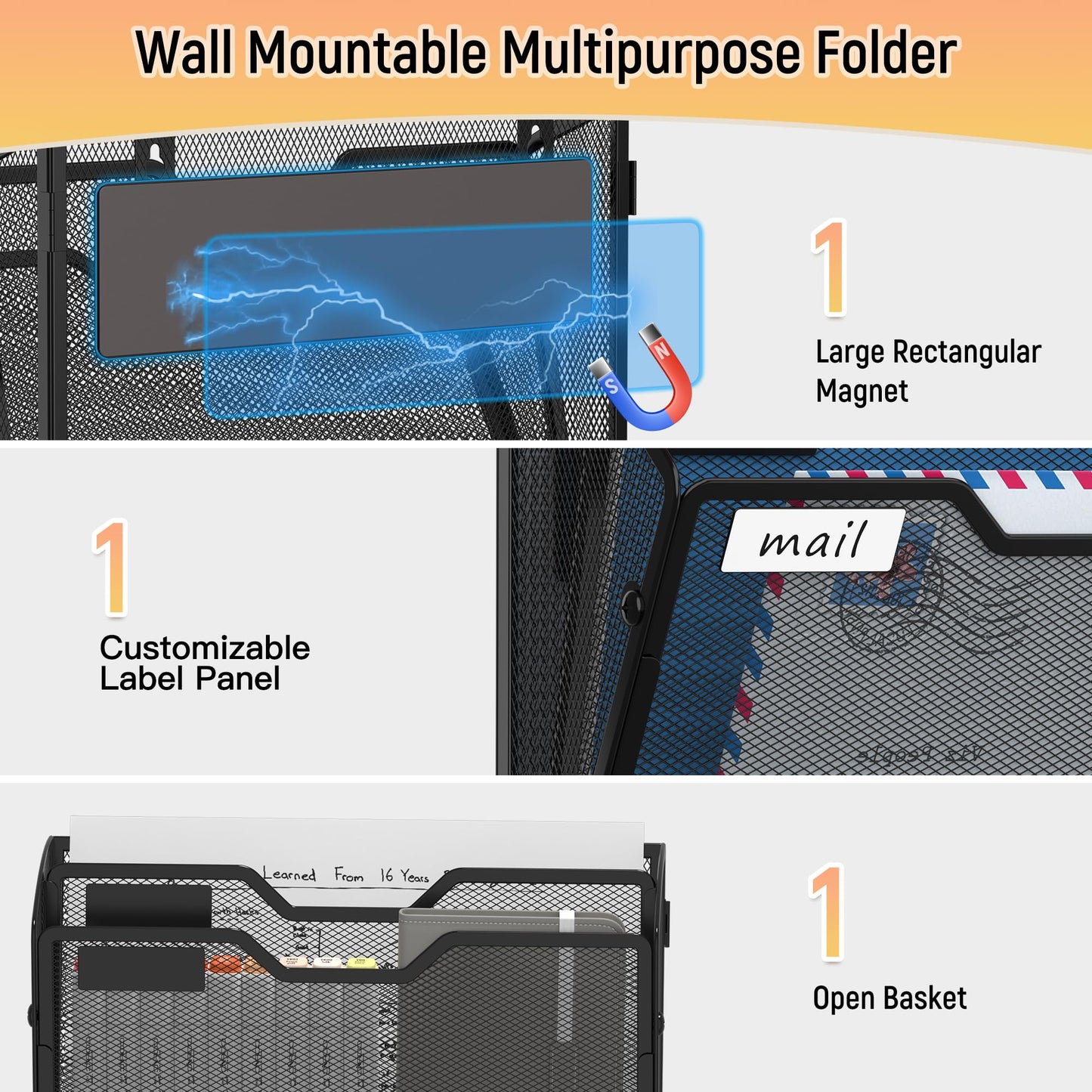Docnest 3 Pack 2 Tier Dual-Mount Magnetic Mesh File Holders, Wall Organizer