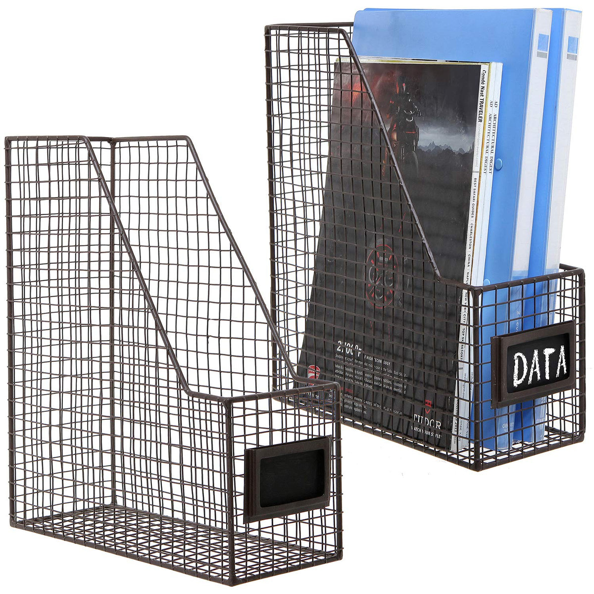 MyGift Wire Magazine Holder Set of 2, Brown File Storage Bin with Label