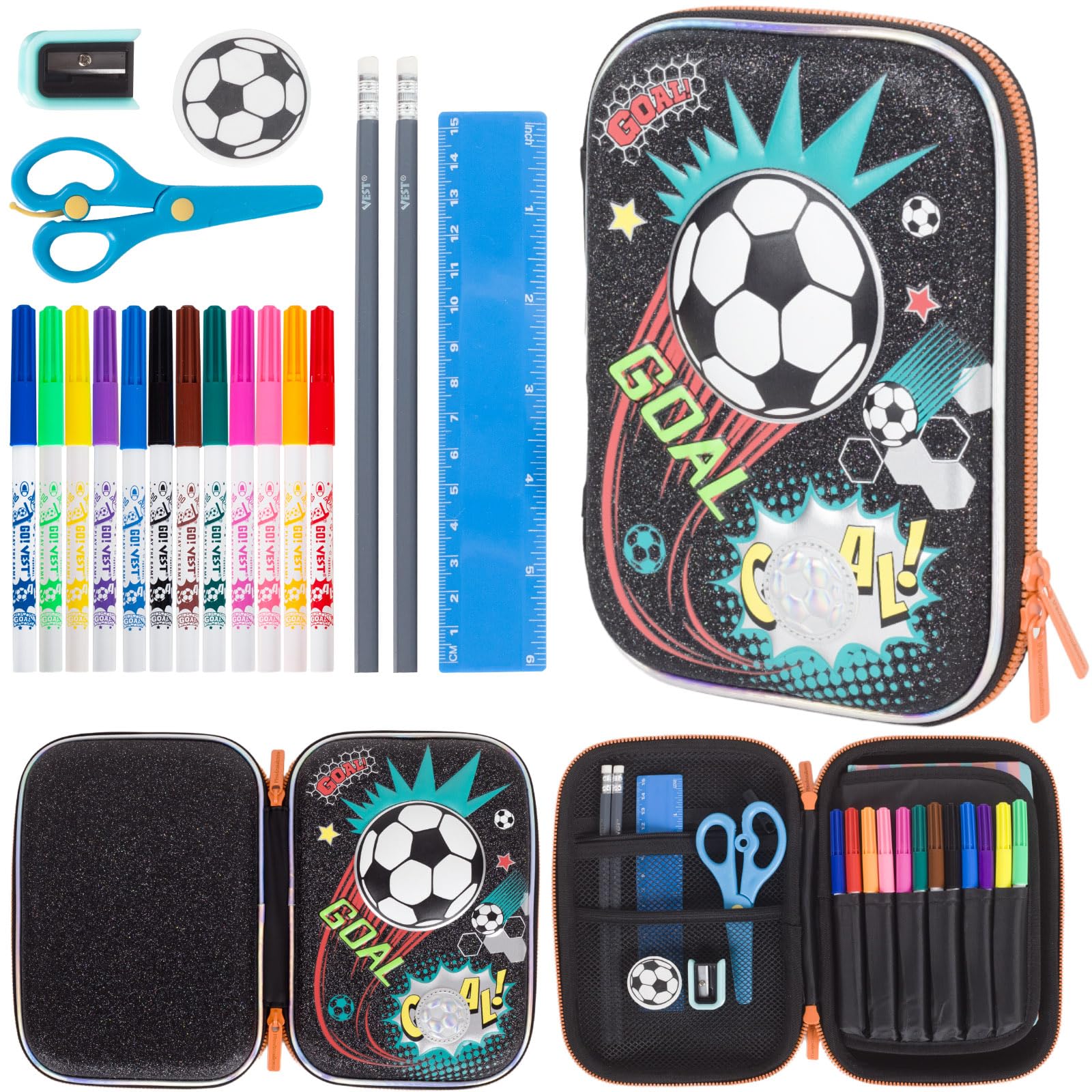 YOYTOO Soccer Pencil Case Stationery Set for Boys, 3D EVA Big Capacity Cute Pencil Pen Case Bag