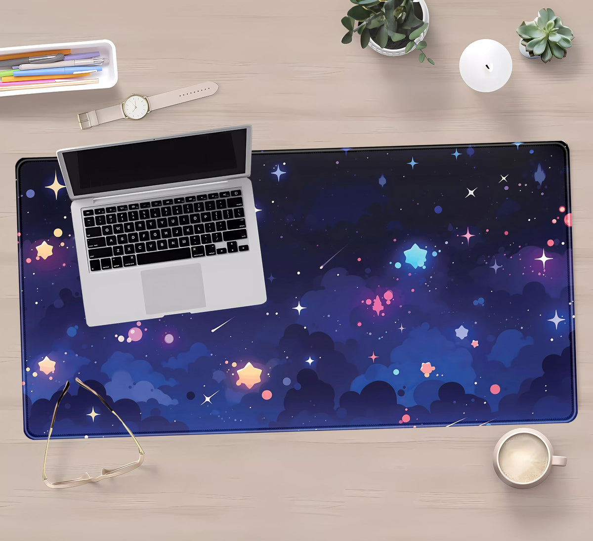 Blue Stars Desk Mat Cute Cloud Desk Pad, Aesthetic Starry Sky Mouse Mat Gaming Mousepad XXL, Extra