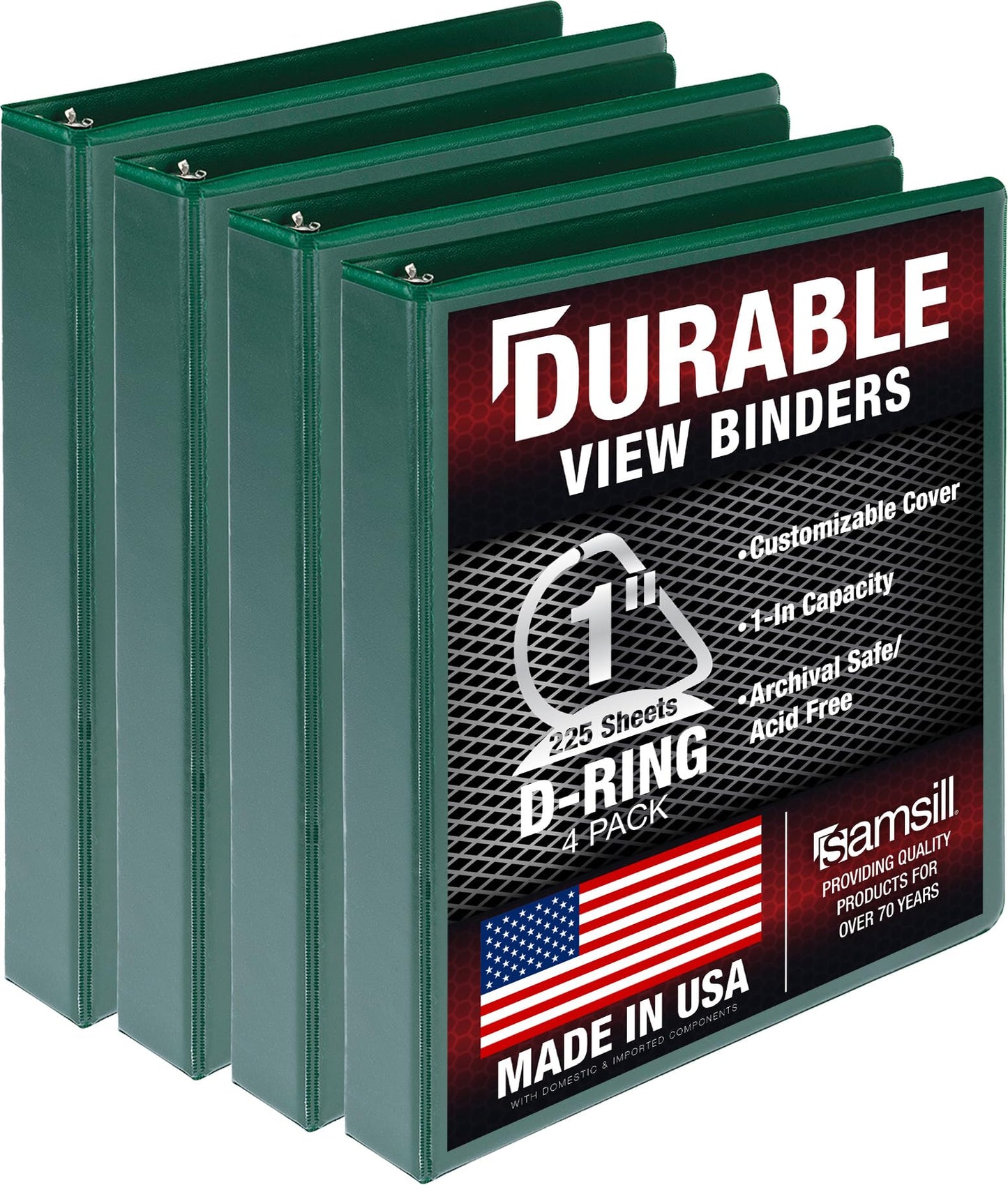 Samsill Durable 1 inch 3 Ring Binder, D Ring Binder, 100% Recycled Chipboard, Green, 4 Pack