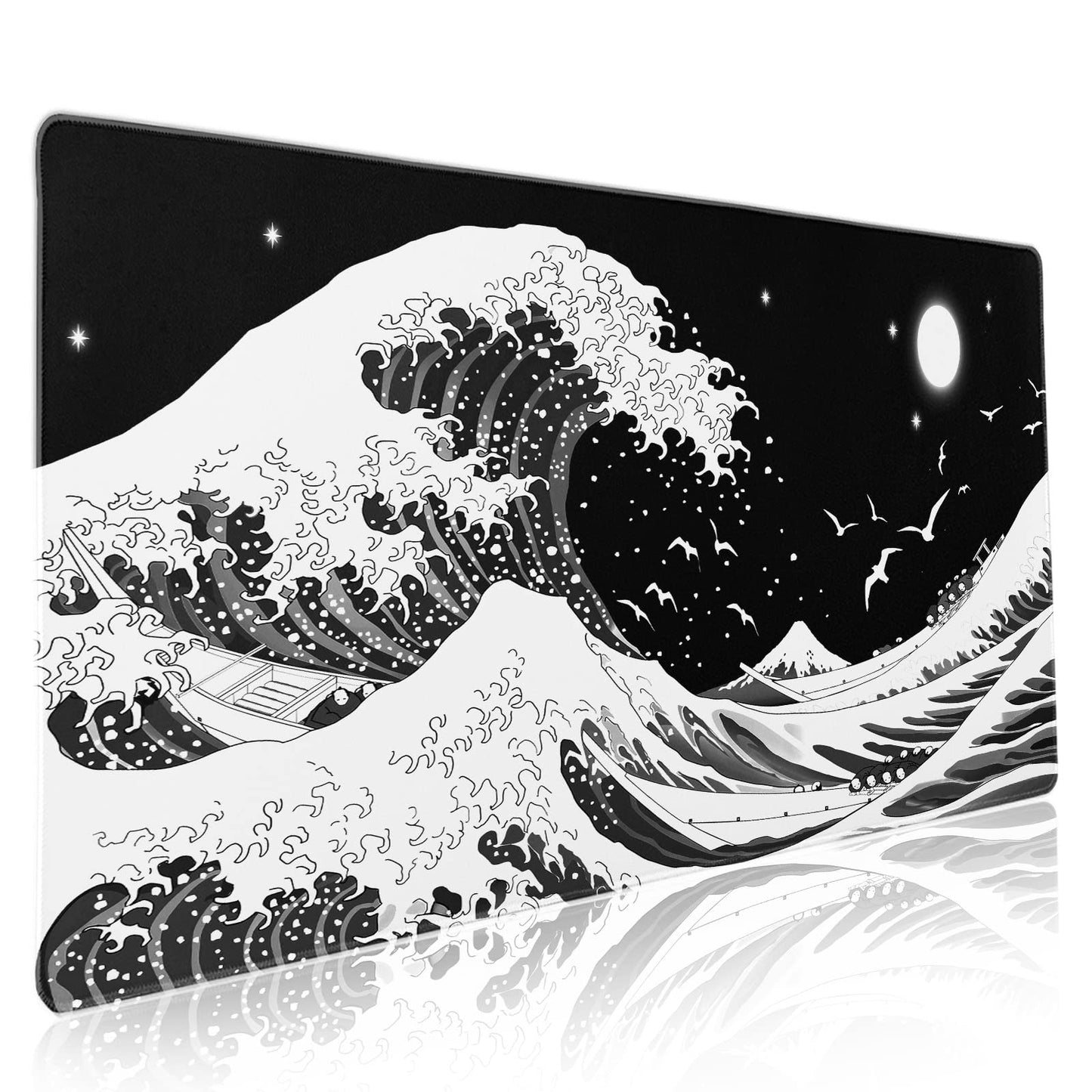 Japanese Wave Mouse Pad XXL Black White Sea Aesthetic Moon Extended Desk Mat 90X40 CM Non-Slip