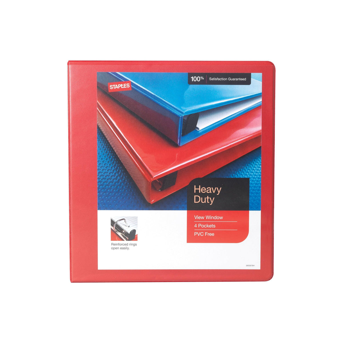Staples Heavy Duty 1 1/2" 3-Ring View Binder, D-Ring, Red, 4/Pack