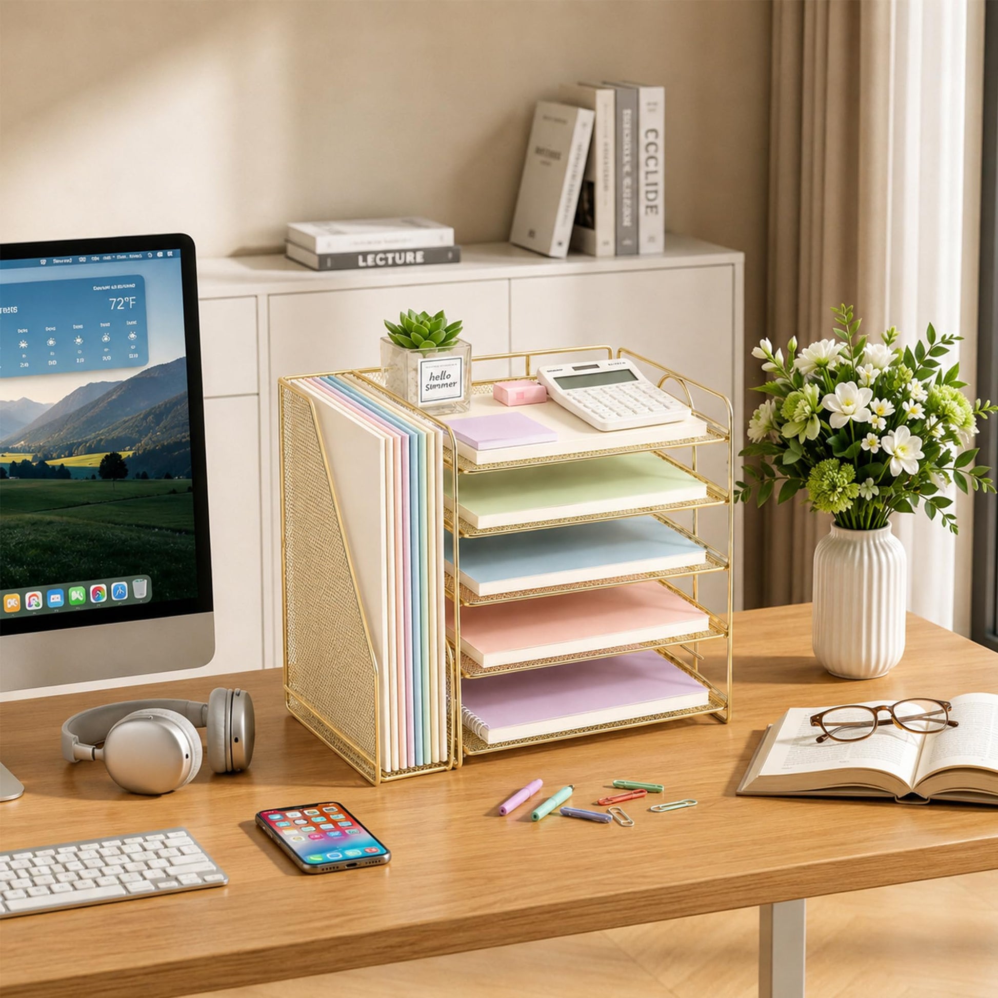 OPNICE Desk Organizer, 5-Tier Paper Organizer Letter Tray, Gold