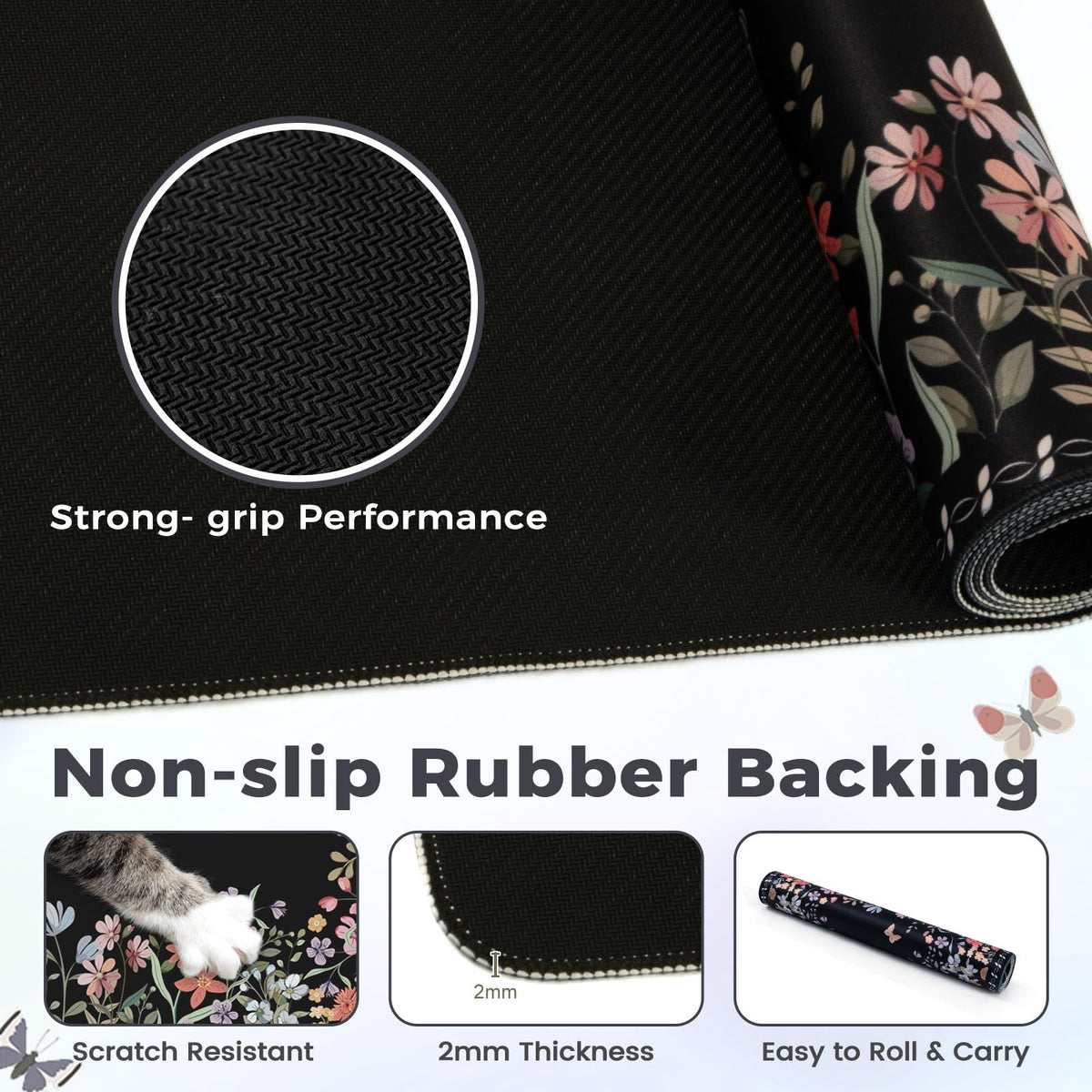 HAOCOO Floral Desk Pad, Black Computer Mat for Office Aesthetic Decor