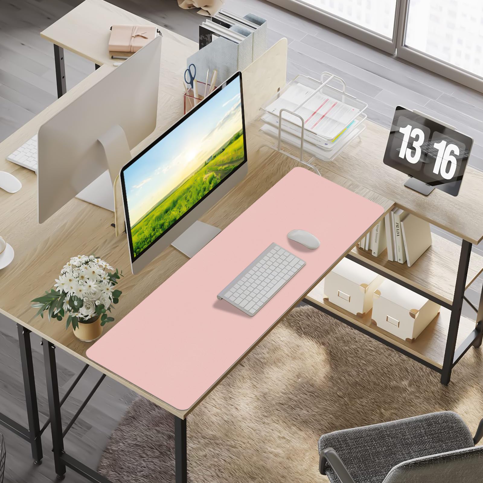 Meetcolor Leather Desk Pad Mat, Large Pink Desk Mat, 47.2" x 16.9"