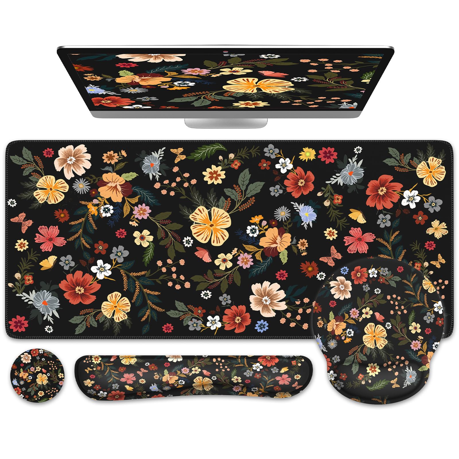 iCasso Desk Cover Mat, 4in1 Floral Large Mouse Pad with Wrist Rest