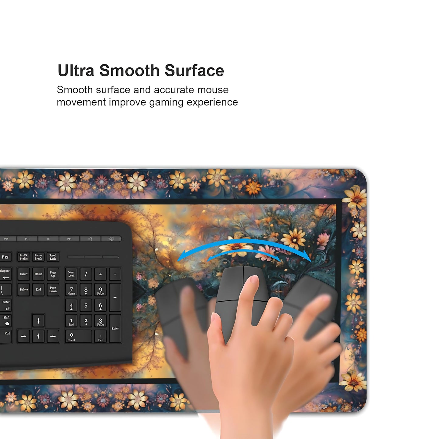 Floral Aesthetic Daisy Gaming Mouse Pad, Gold Blue Rug Desk Mat with Anti-Slip Base & Stitched