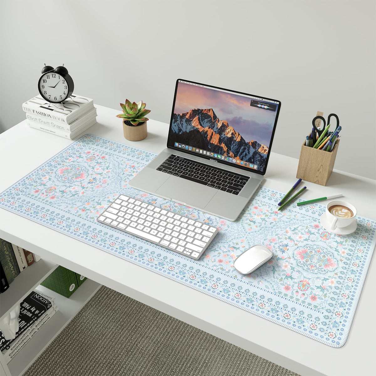 HAOCOO Floral Desk Mat, 35.4" x 15.7" Mouse Pad for Home Office School Blue