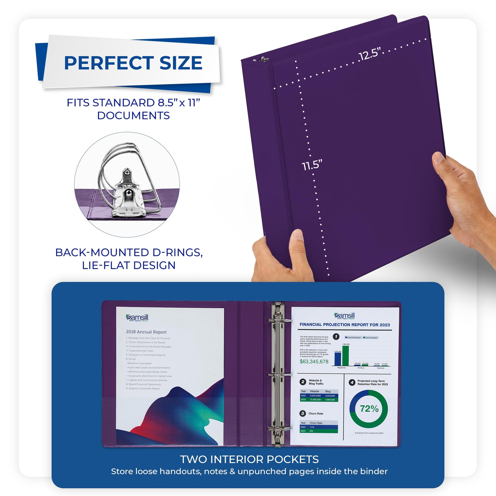 Samsill Durable 1.5 inch 3 Ring Binder, D Ring Binder, 100% Recycled Chipboard, Purple, 12 Pack