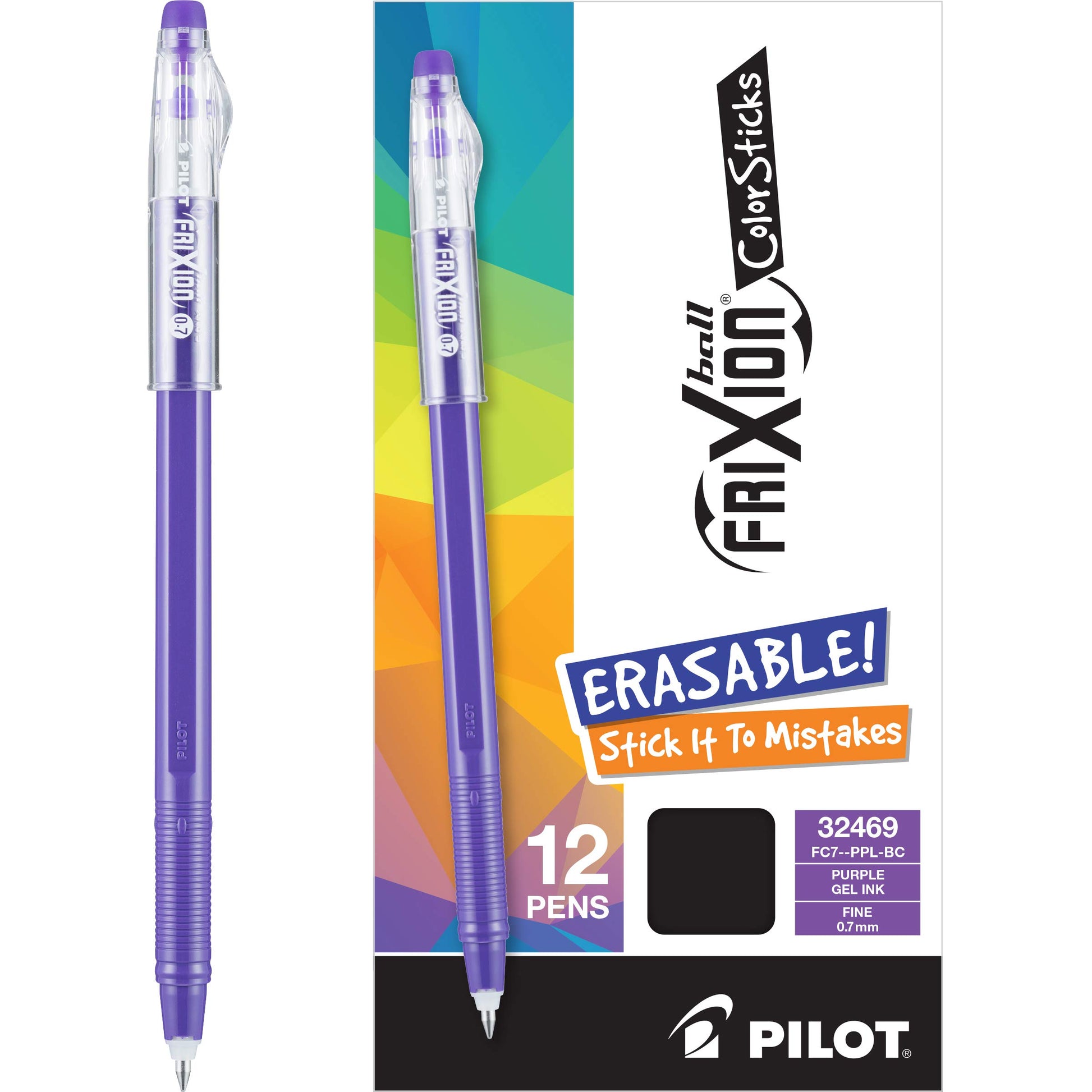 PILOT FriXion ColorSticks Erasable Gel Ink Pens, Purple, Pack of 12