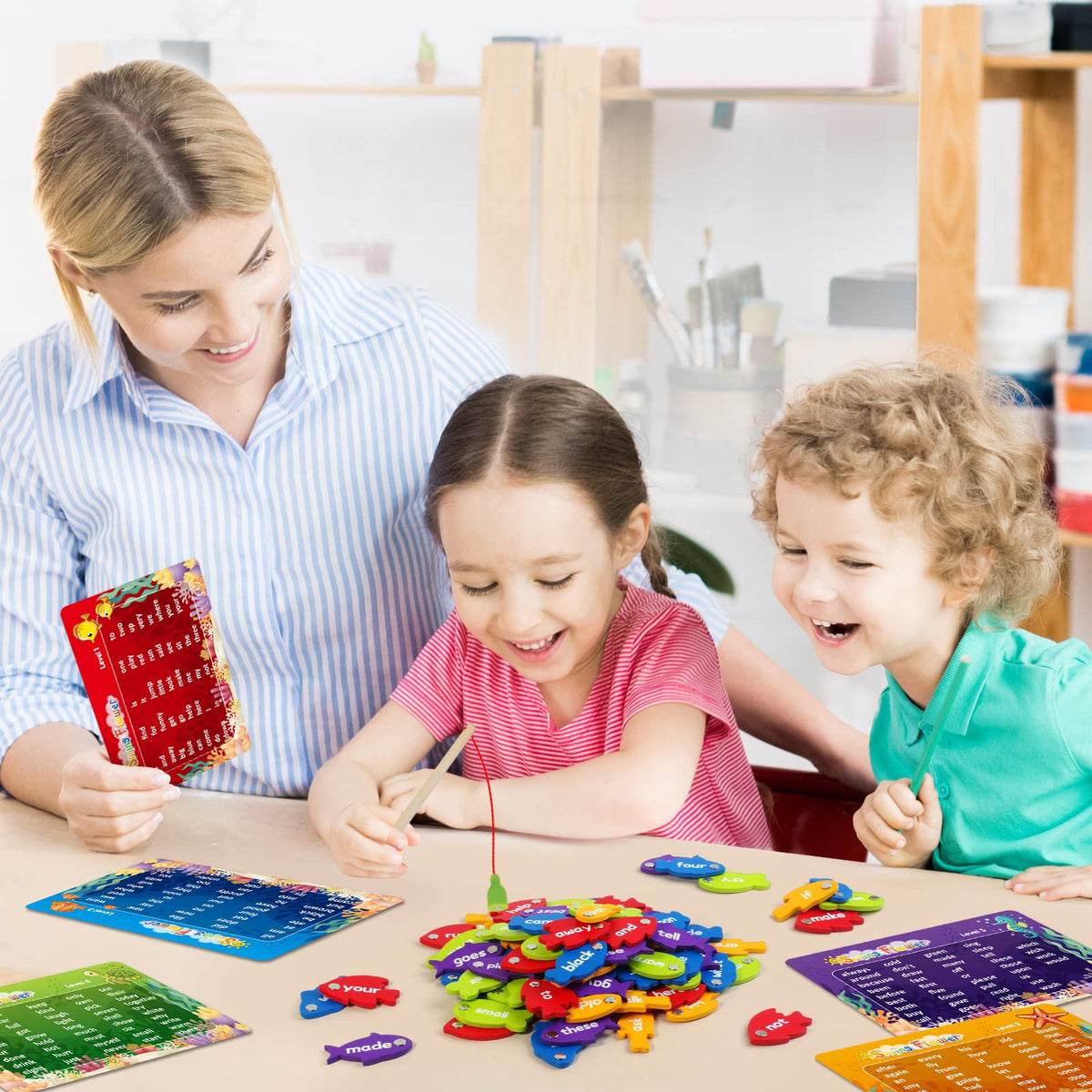 SpringFlower Wooden Magnetic Sight Word Fishing Game, Sight Word Educational Toy for Age of 3,4,5,6