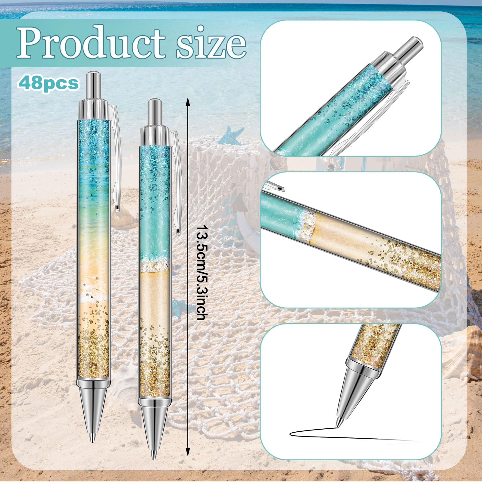 Motipuns 48 Pcs Beach Teal Pens Bulk Ocean Party Favor Summer Teacher Gift