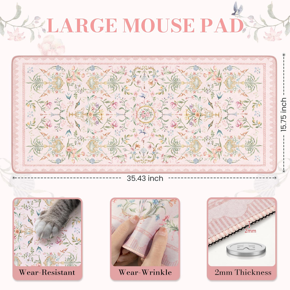 iCasso Pink Desk Cover Mat, Big Mouse Pad for Laptop,Floral