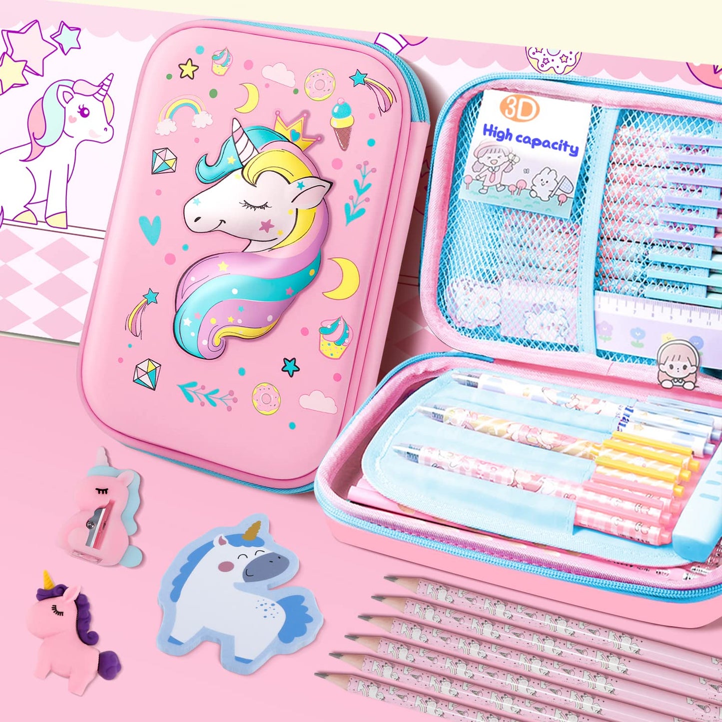 homicozy Pencil Case for Girls,Cute Unicorn Stationary Set for Kids,3D EVA School Large Capacity